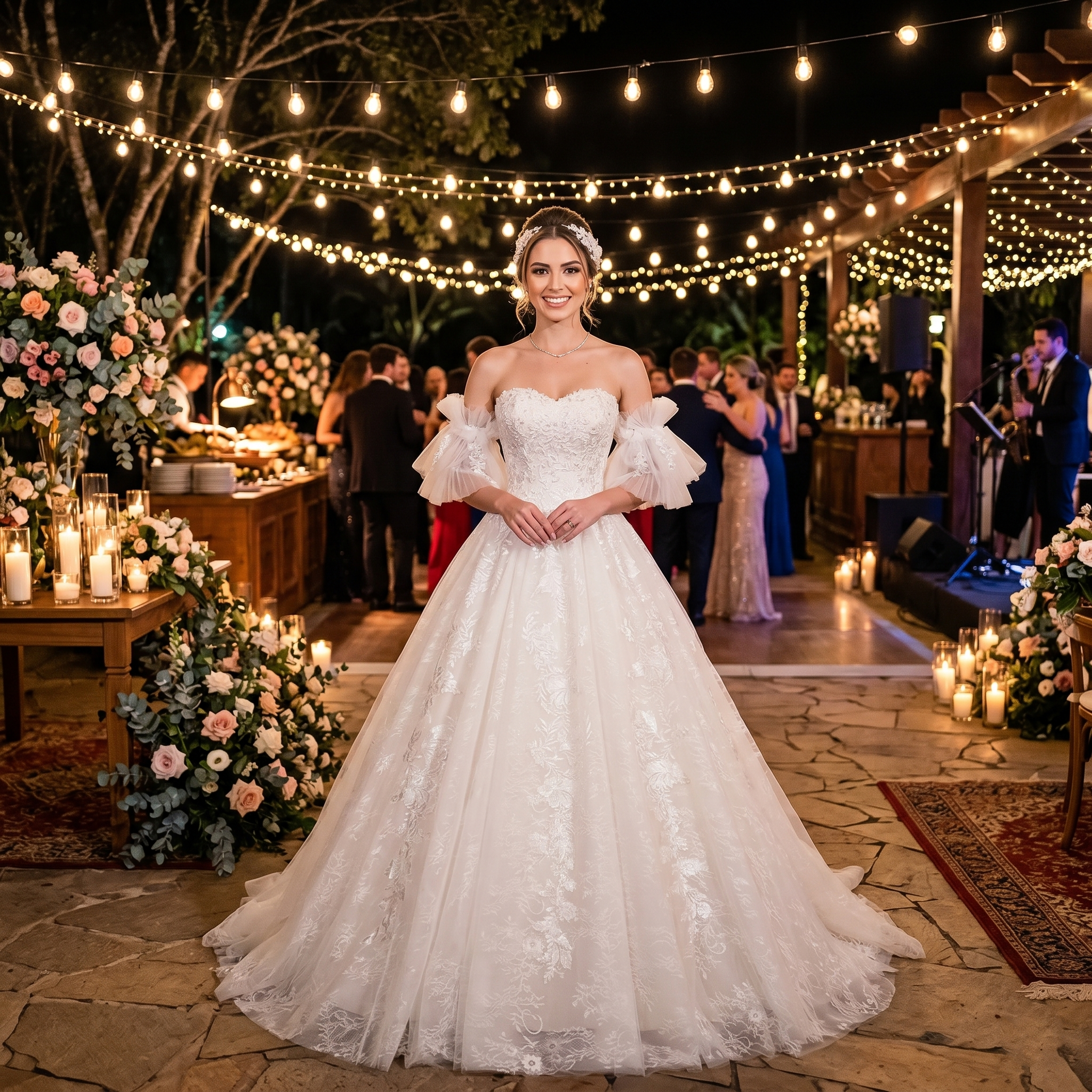 Elegant sweetheart neck A-line wedding dress with detachable ruffled sleeves, captured in a romantic indoor event setting.