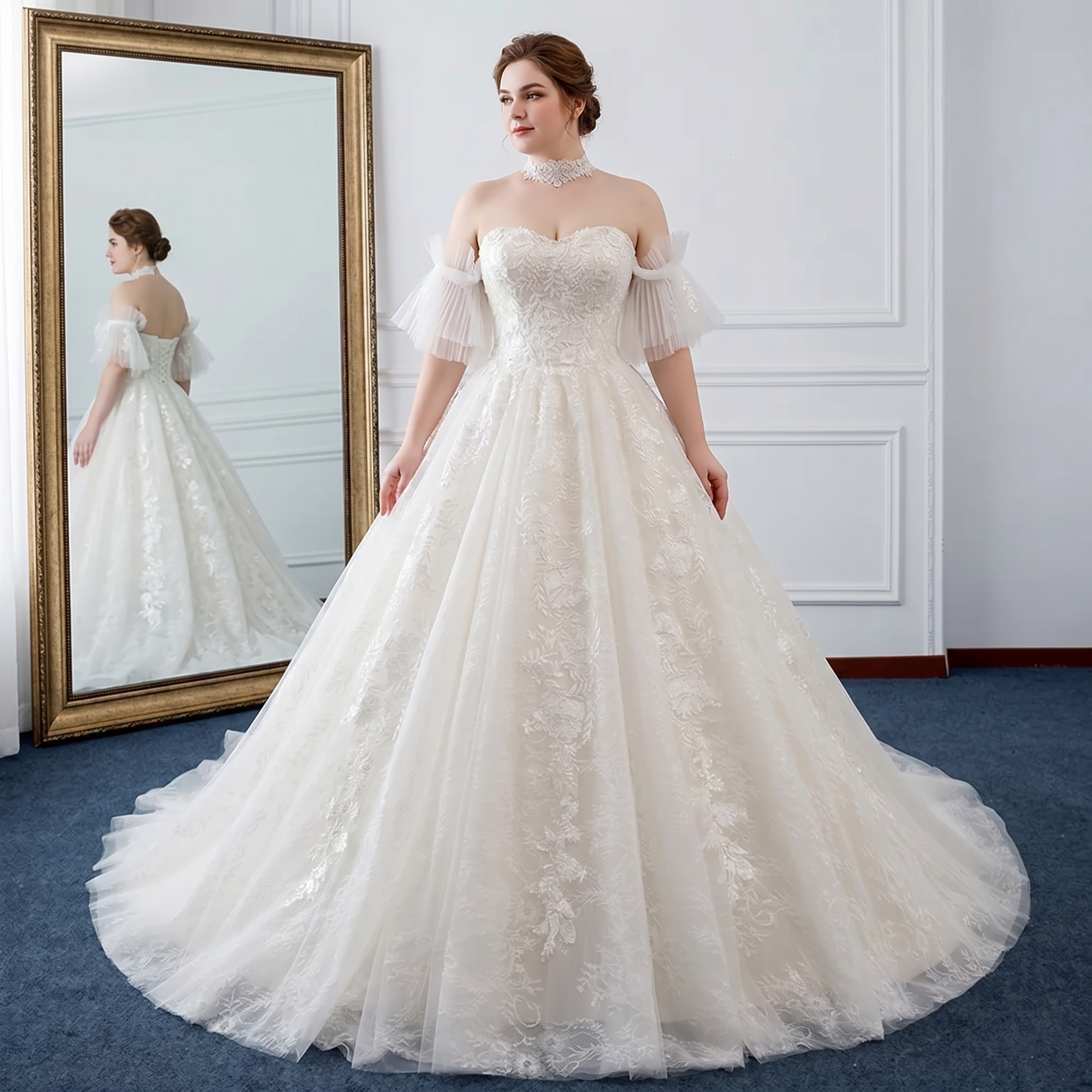 Front view of a gorgeous A-line wedding dress featuring a sweetheart neckline, beaded bodice, and detachable tulle sleeves.