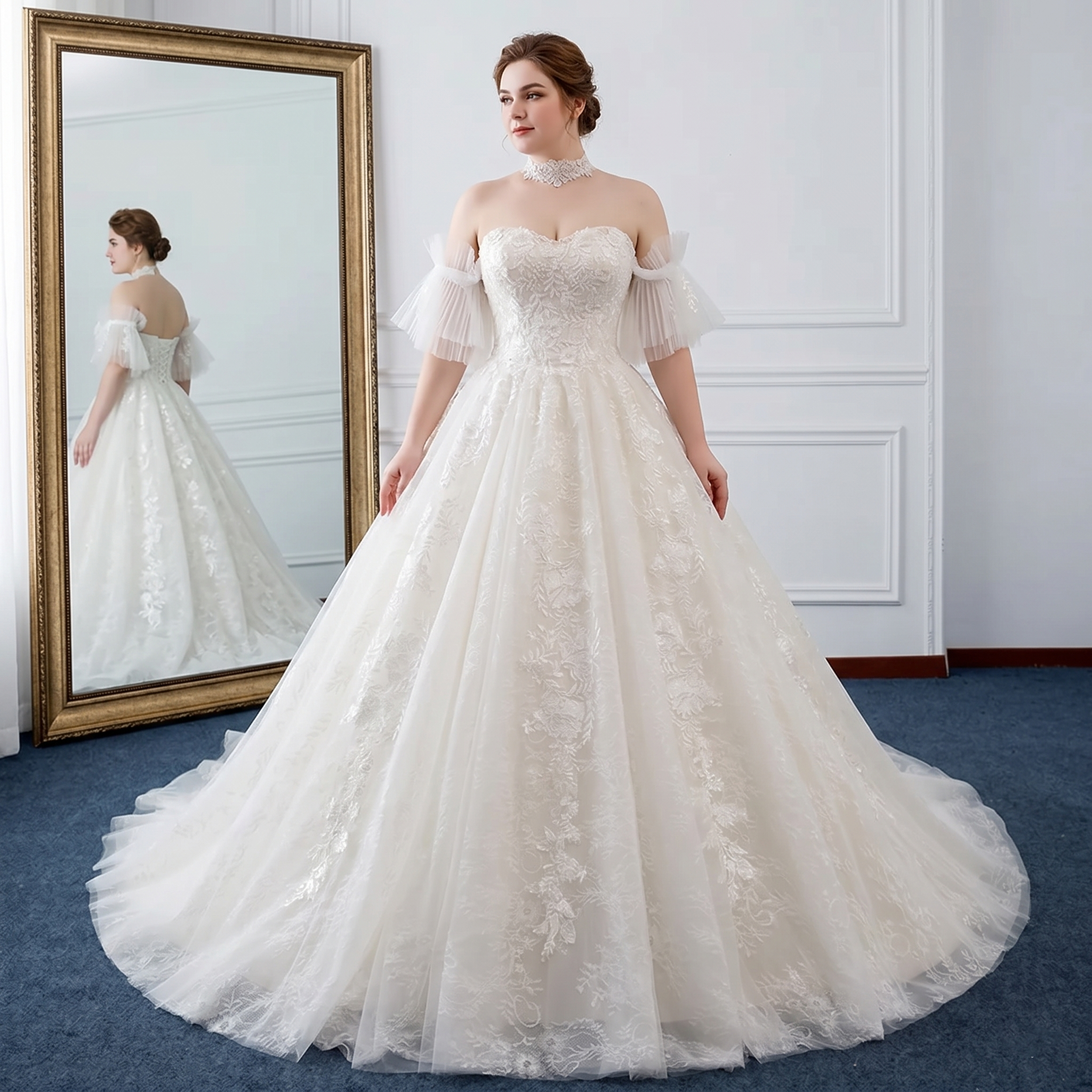 Front view of a gorgeous A-line wedding dress featuring a sweetheart neckline, beaded bodice, and detachable tulle sleeves.