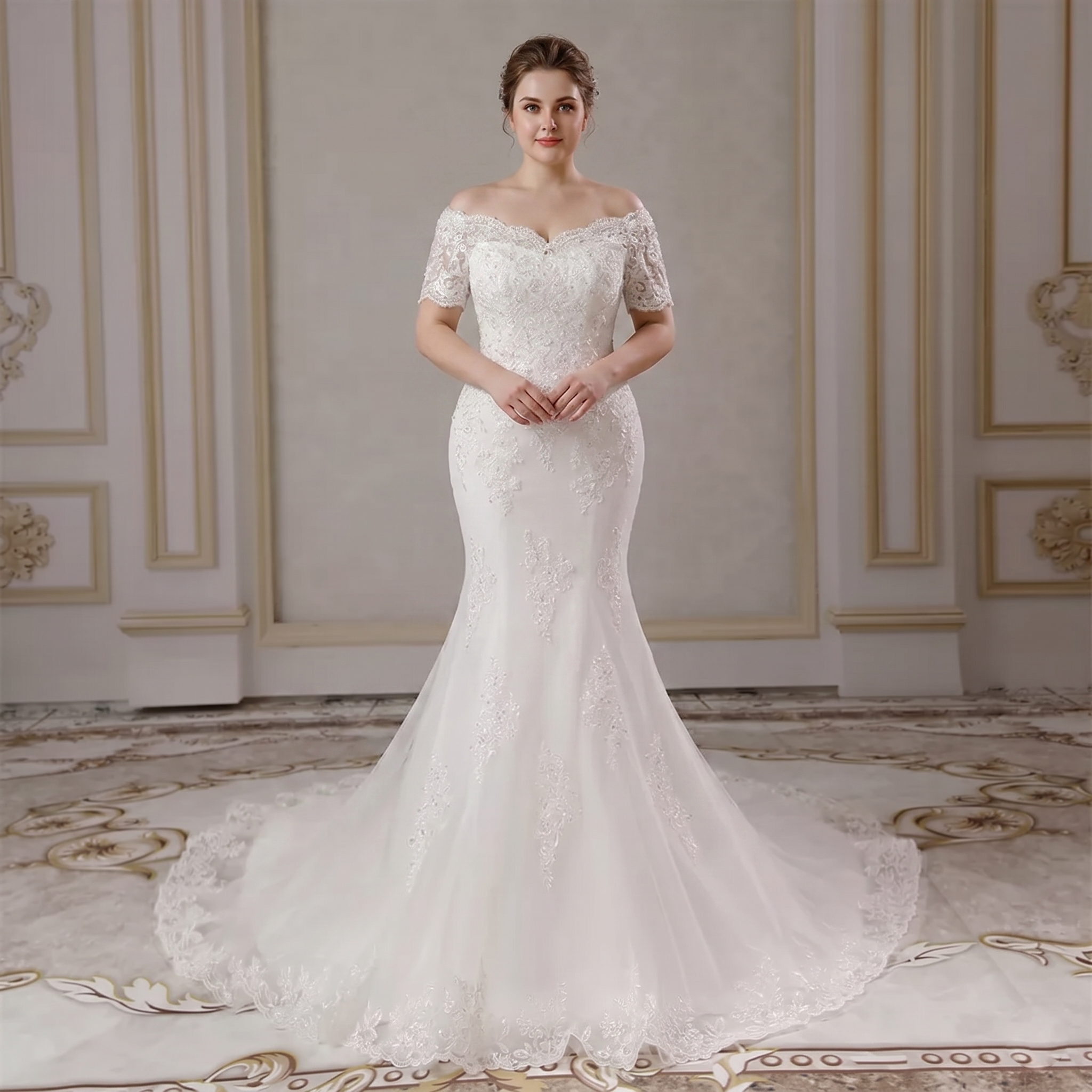 Full-length view of a bride posing in a sophisticated white lace sweetheart mermaid bridal gown with delicate short sleeves.