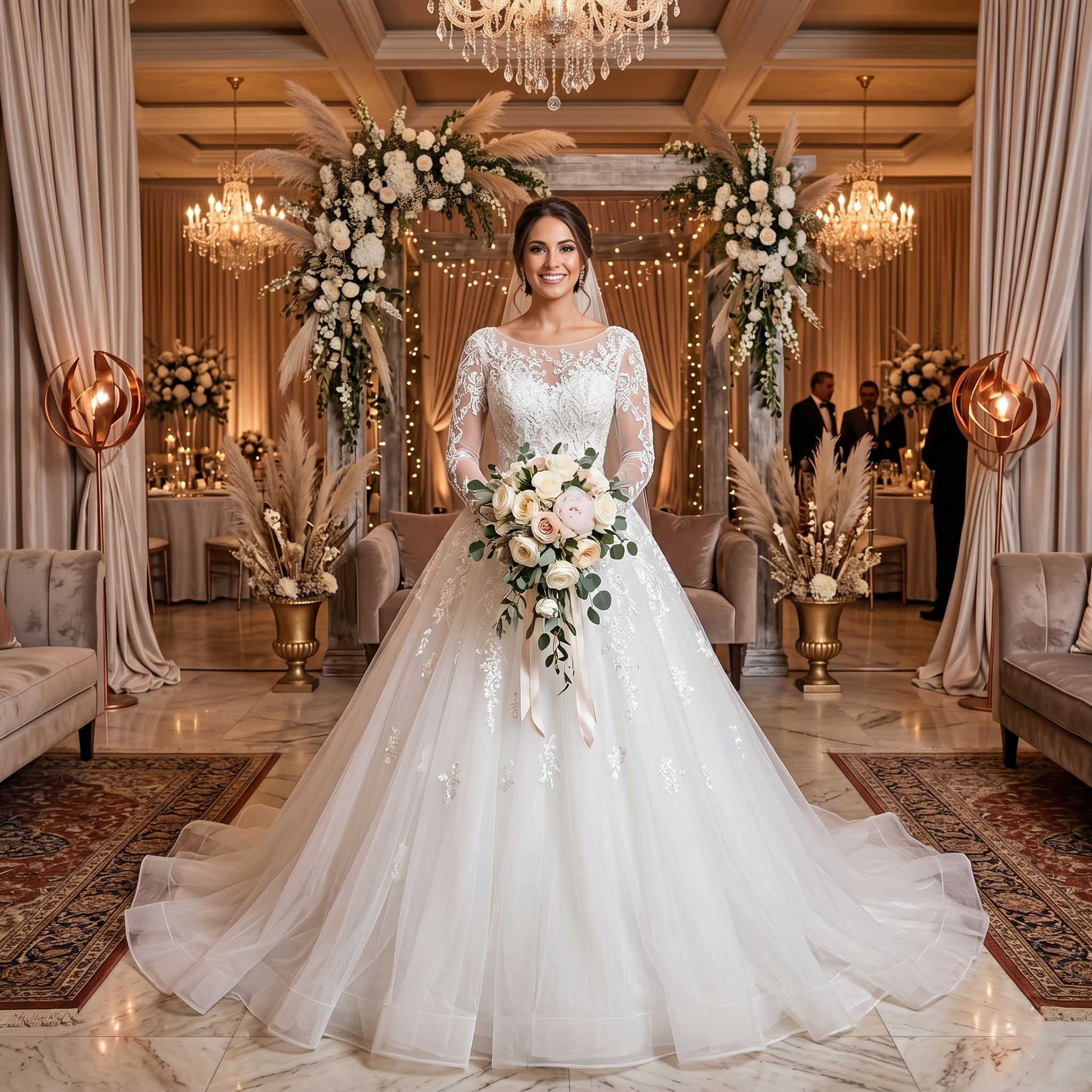 Bride posing in a romantic wedding venue wearing an elegant long-sleeve A-line tulle wedding dress with a satin waist belt.