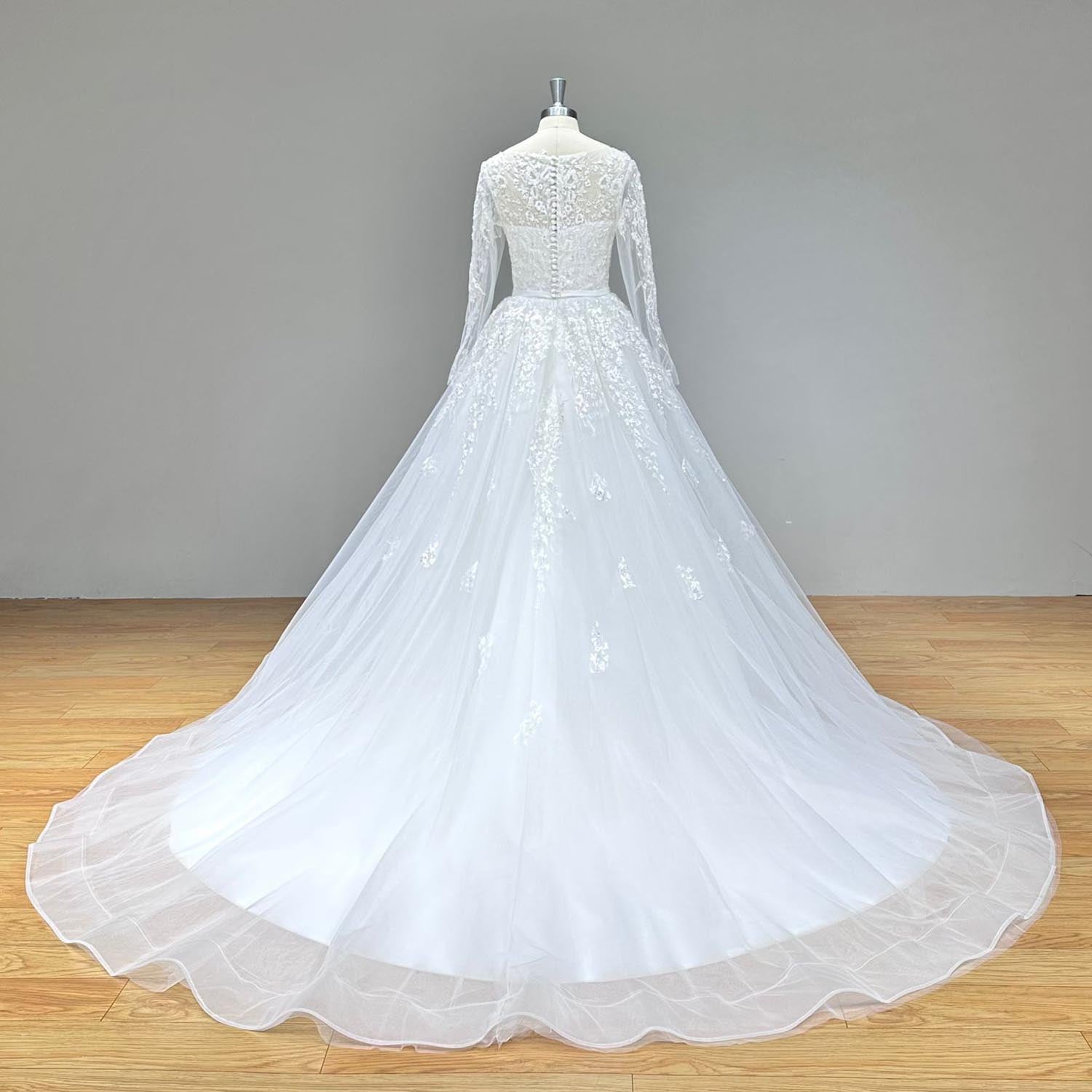Back view of an elegant long-sleeve A-line tulle bridal dress featuring a long train and classic button-up detail displayed on a mannequin.