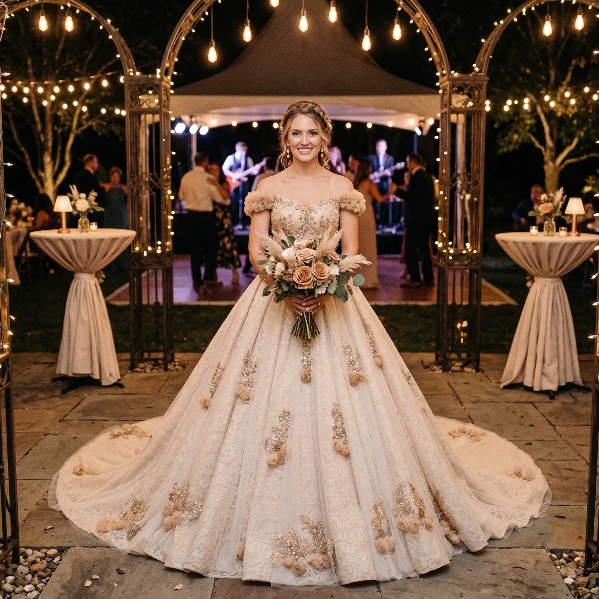 Elegant tulle A-line wedding dress with handmade floral accents and intricate lace details, designed for a luxury bridal look.