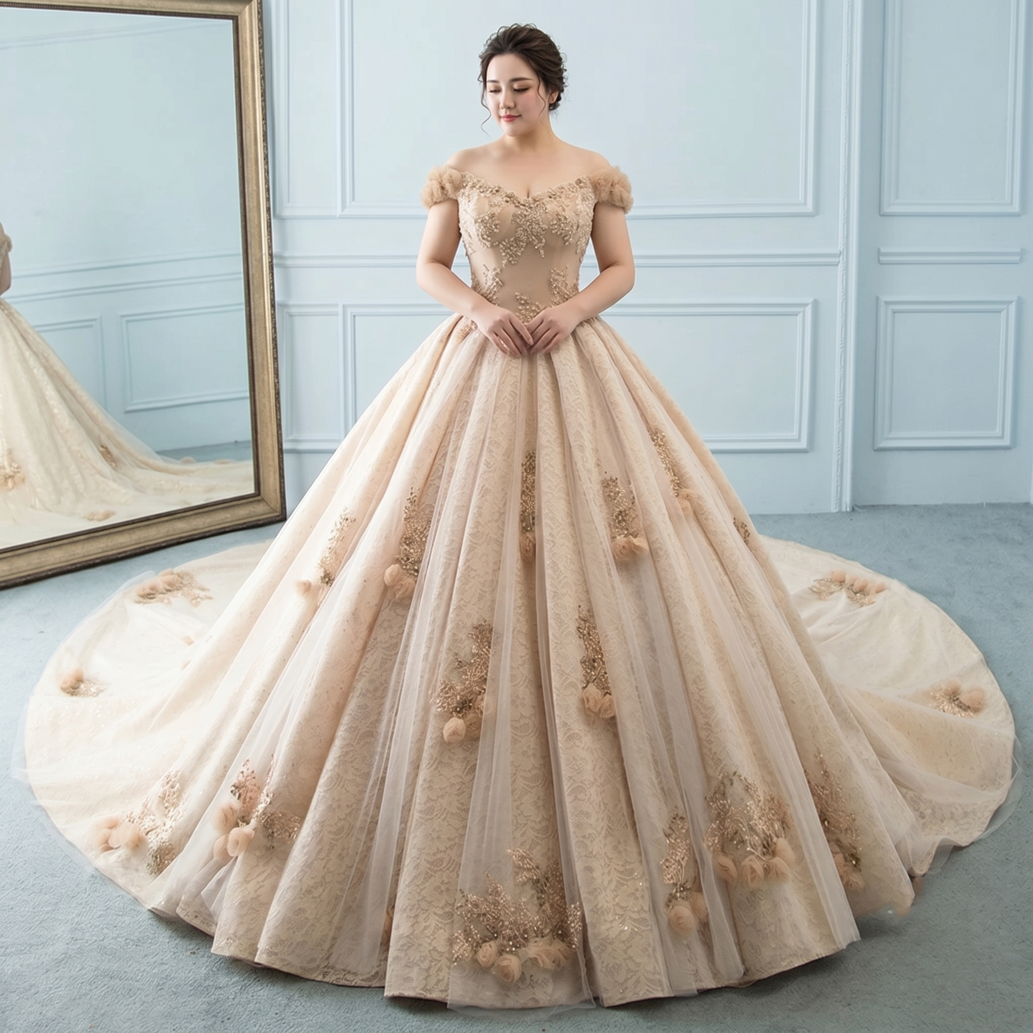 Front view of a luxury champagne-colored A-line bridal gown featuring delicate handmade flowers and a voluminous tulle skirt.