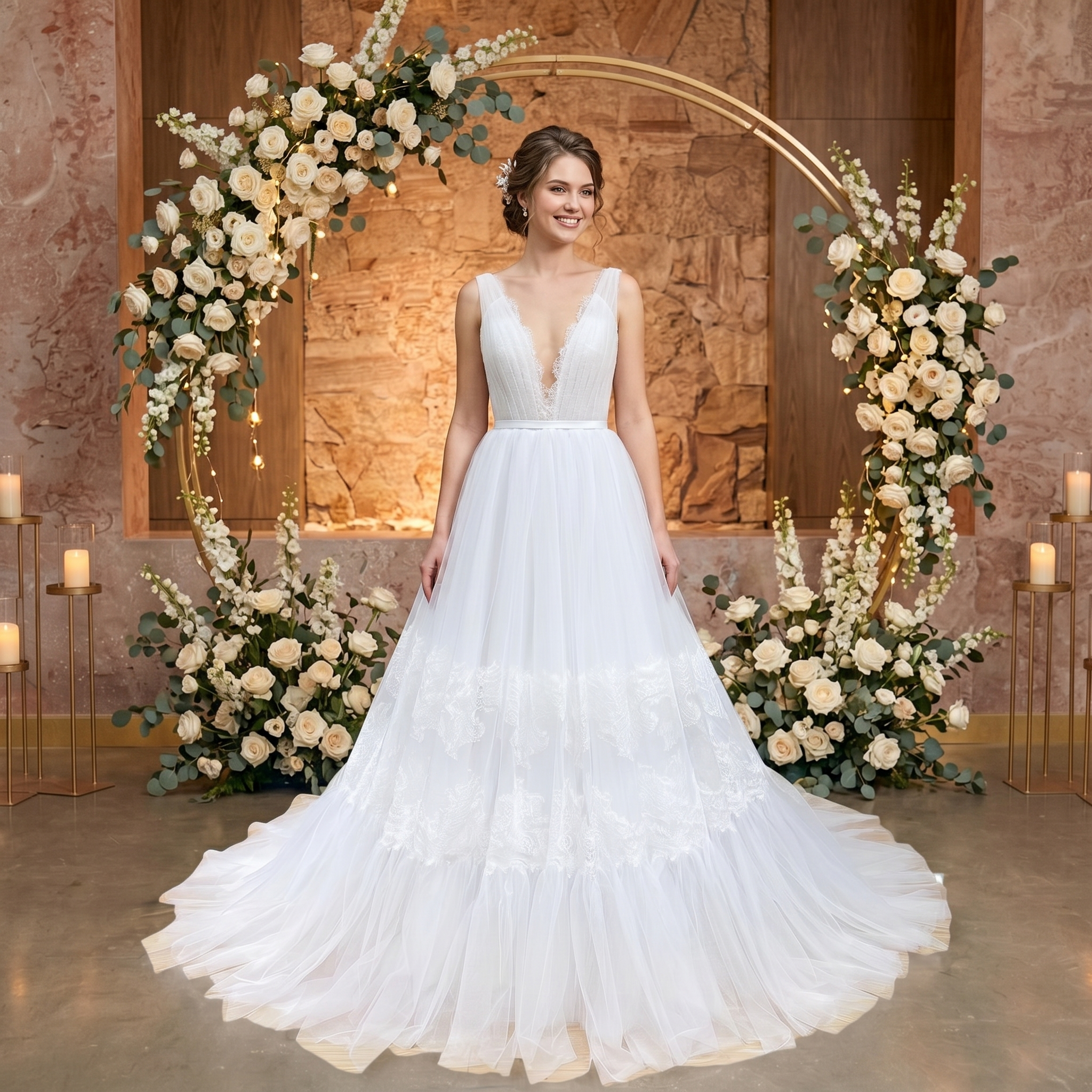 Smiling bride wearing an elegant deep V-neck beach wedding dress with a pleated tulle bodice and a flowing lace-trimmed A-line skirt, standing inside a floral circular archway.