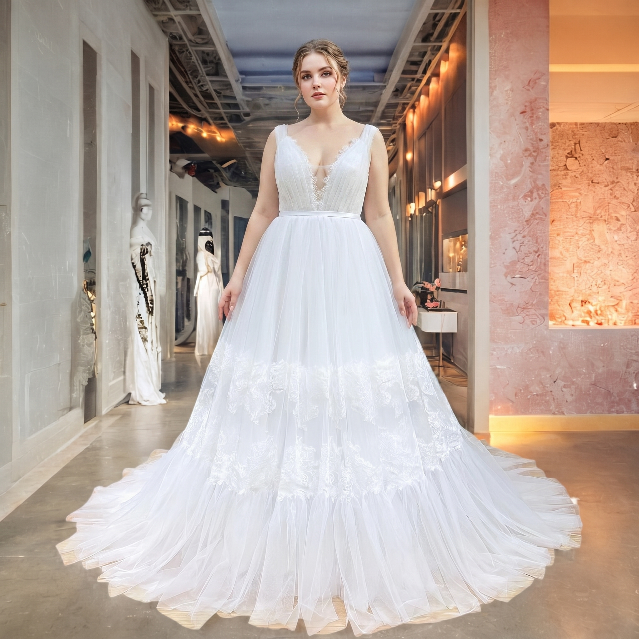 Full-length view of a plus-size bride modeling a simple bohemian white wedding gown featuring a plunging illusion neckline, thin straps, and a tiered tulle skirt with horizontal lace appliques.