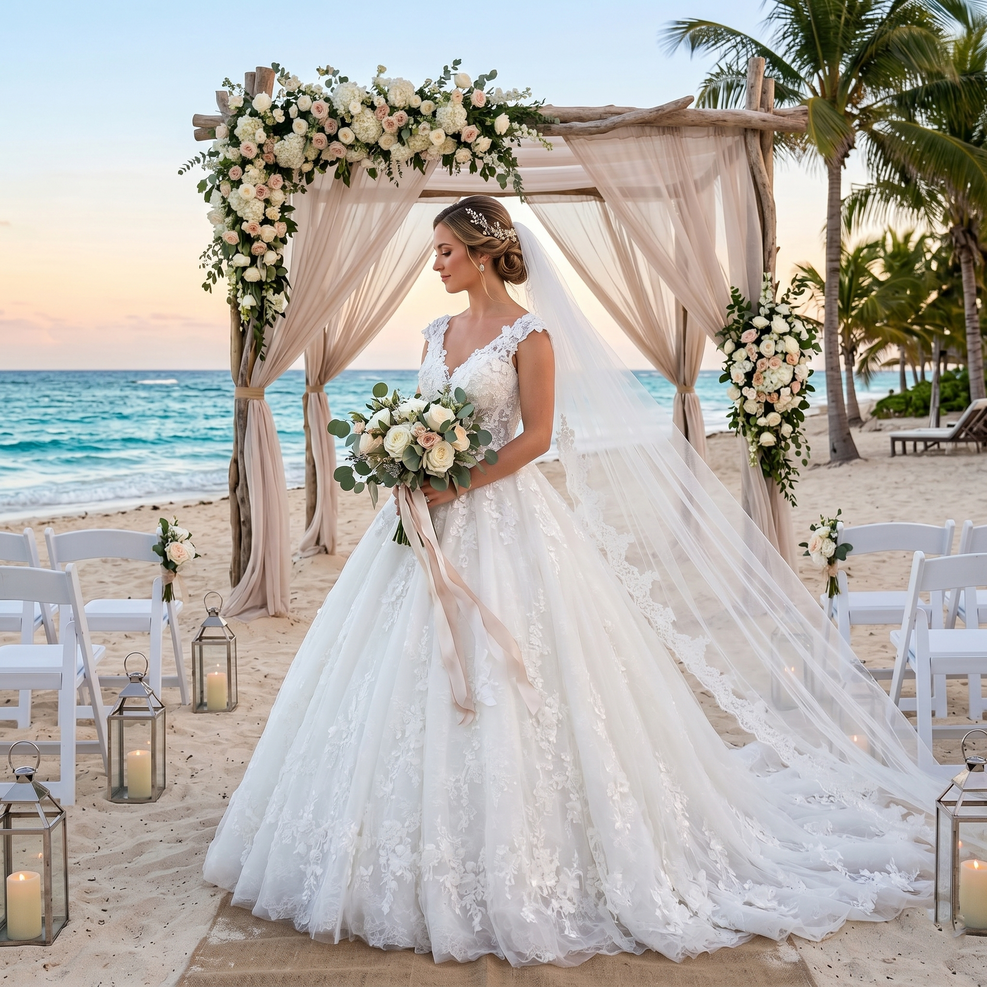 A bride standing on a sandy beach under a floral arch, wearing an elegant V-neck A-line wedding dress with delicate flower lace appliques and a flowing train.