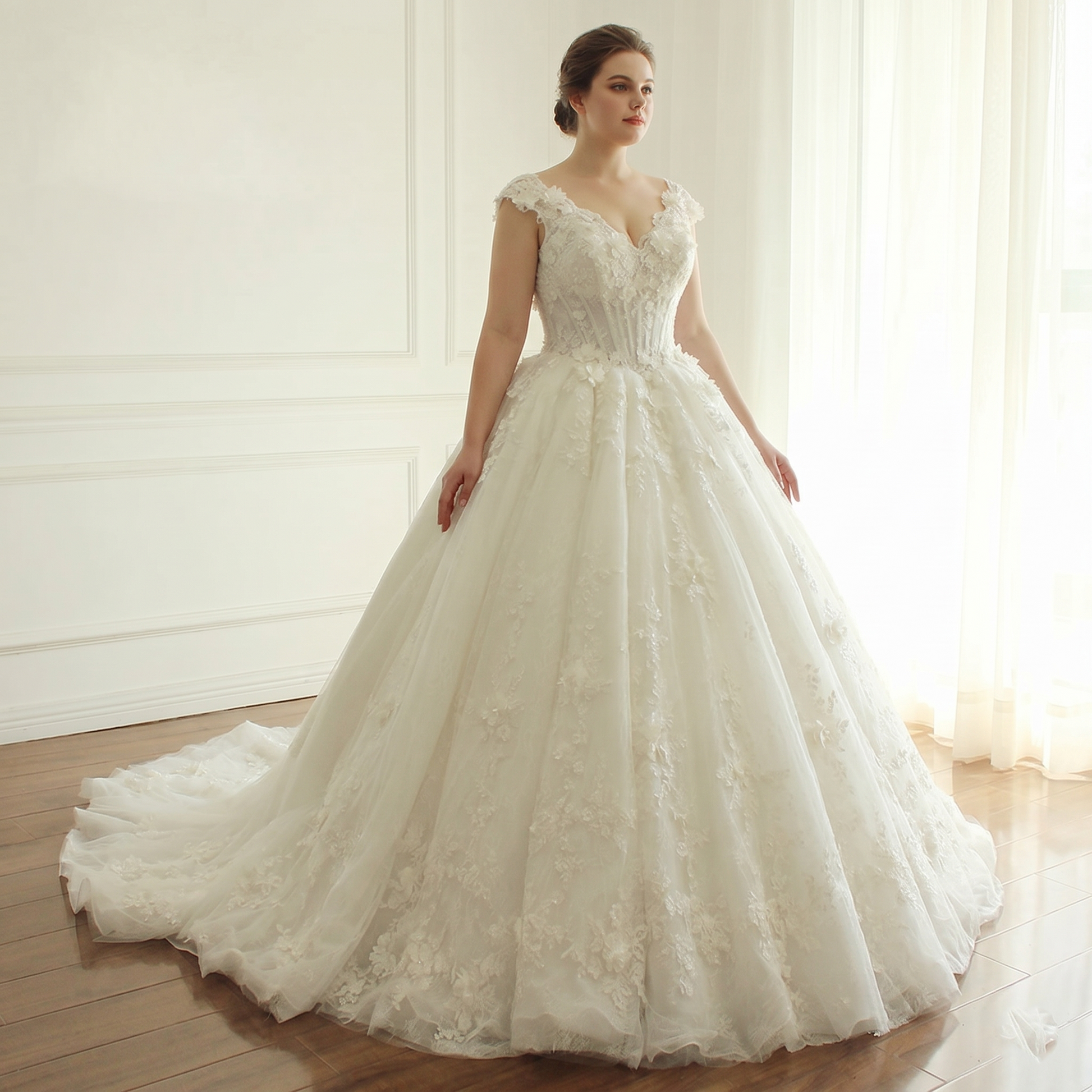 A beautiful plus-size bride wearing a luxury princess wedding dress with a V-neckline, floral lace appliques, and a grand, voluminous A-line skirt.