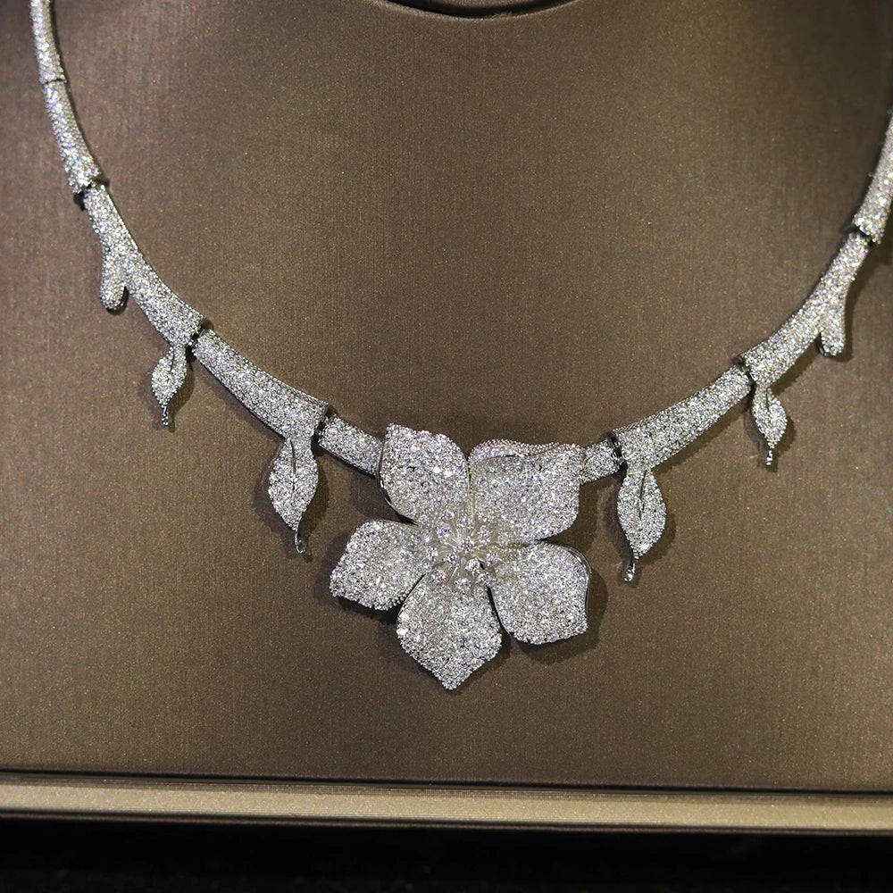 Close-up shot of white flower cubic zirconia bridal necklace craftsmanship