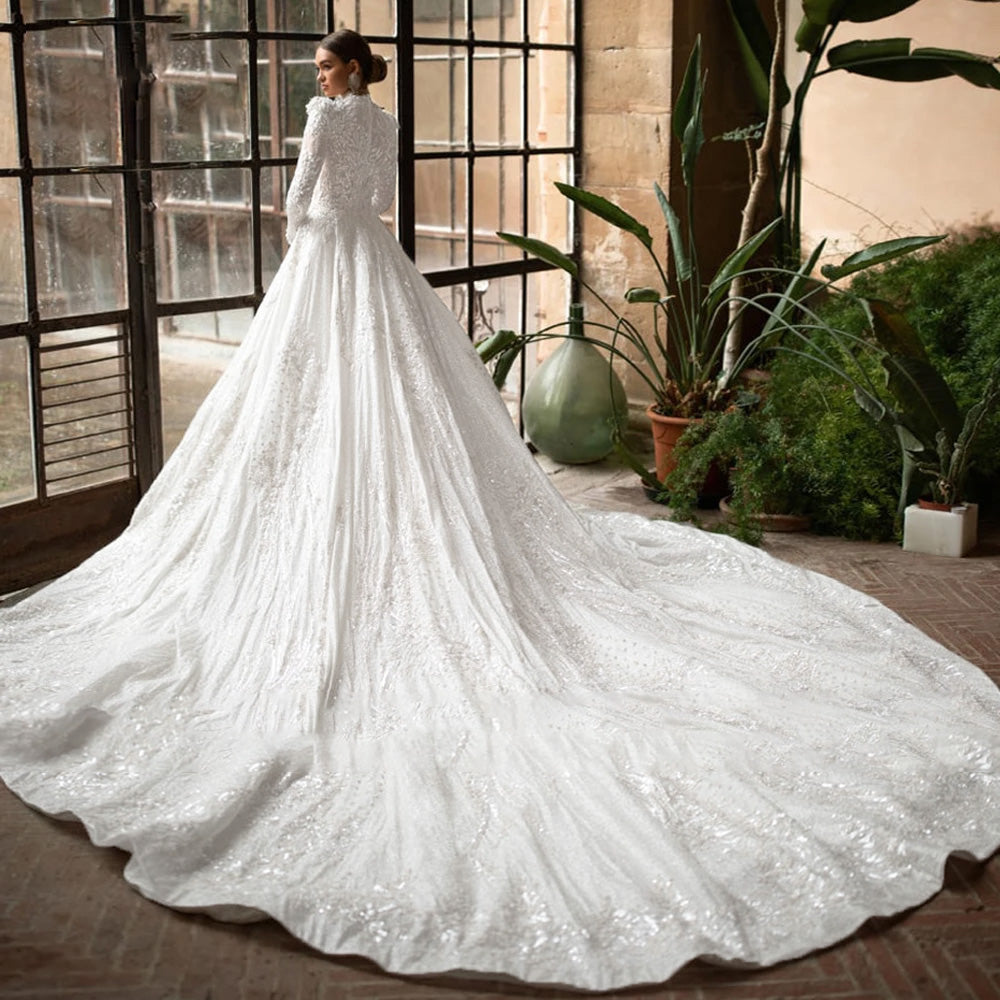 A side-angle full-length shot of a luxury A-line wedding dress, emphasizing the voluminous skirt and sophisticated lace craftsmanship.
