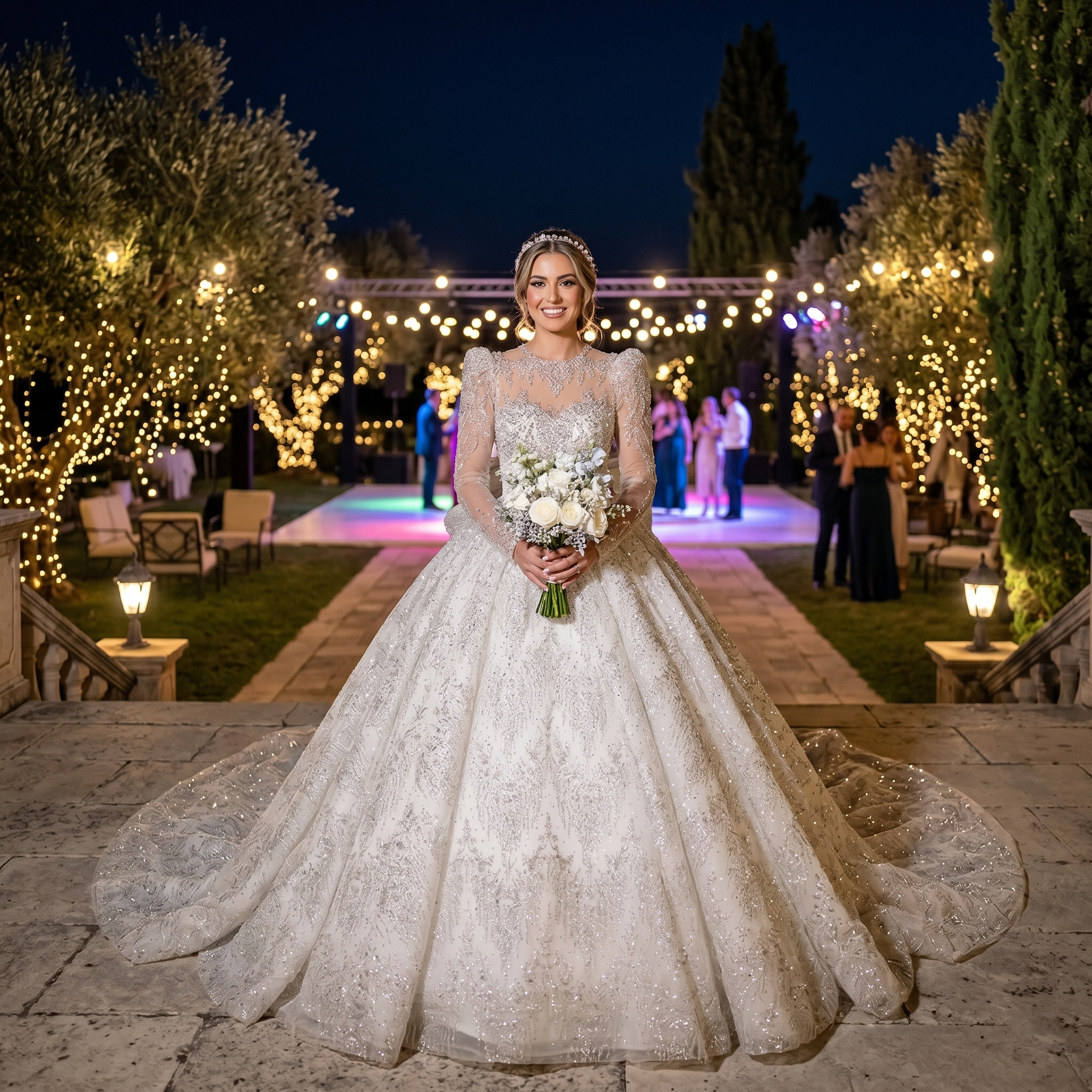 Bride wearing an exquisite sequined princess ball gown wedding dress with an illusion O-neckline and sheer long sleeves at a glowing outdoor evening reception.