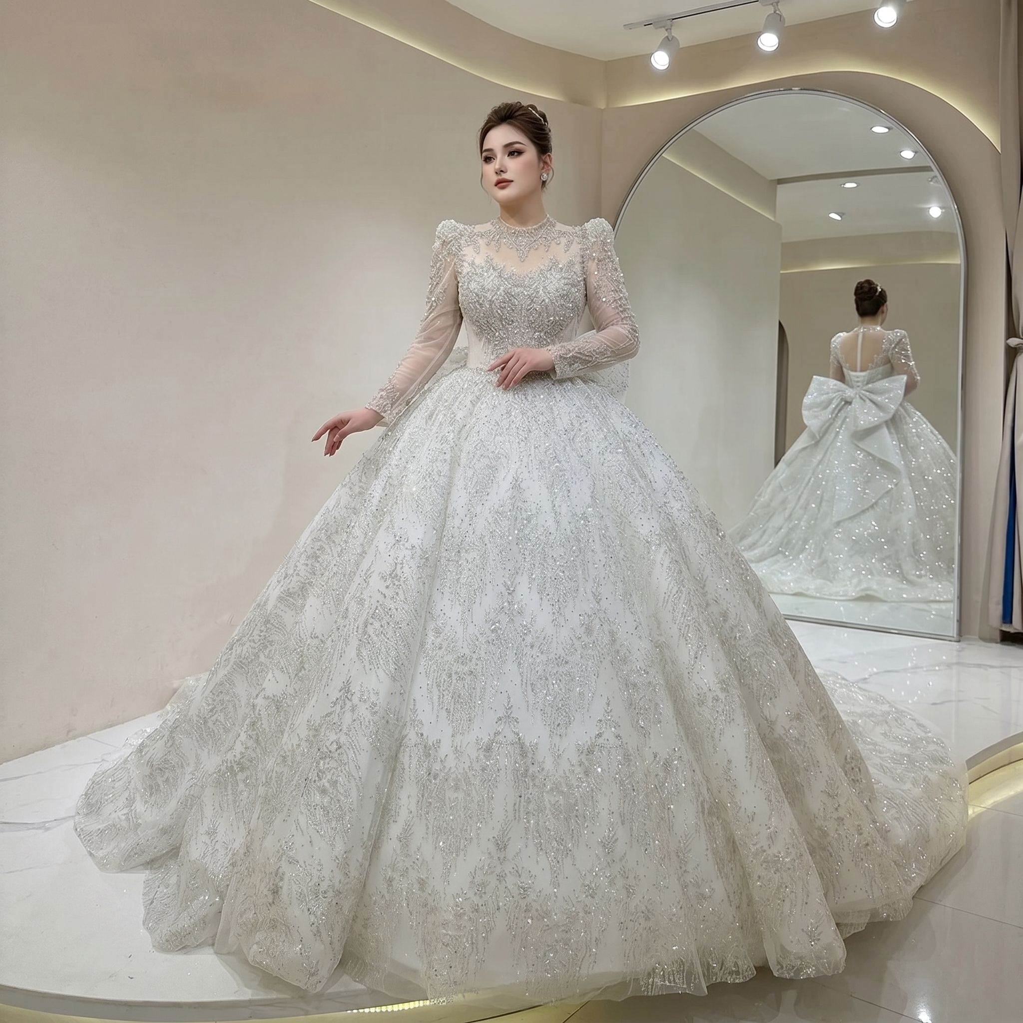 Model showcasing a luxury white sequin bridal gown featuring strong puff shoulders, long sheer sleeves, and a large structural bow on the back visible via a mirror reflection.