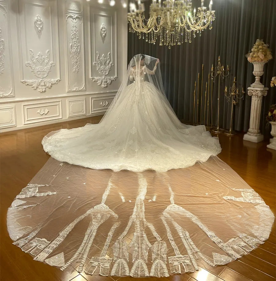 Back view of a grand ball gown bridal dress showcasing a massive cathedral-length train and a long decorative lace-trimmed veil.