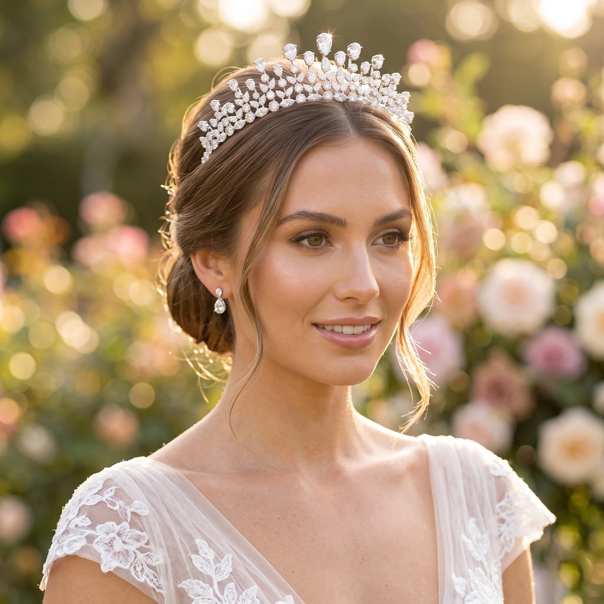 Close-up portrait of a smiling bride with an elegant low bun updo wearing a high-end marquise crystal bridal crown tiara and a matching lace wedding gown.