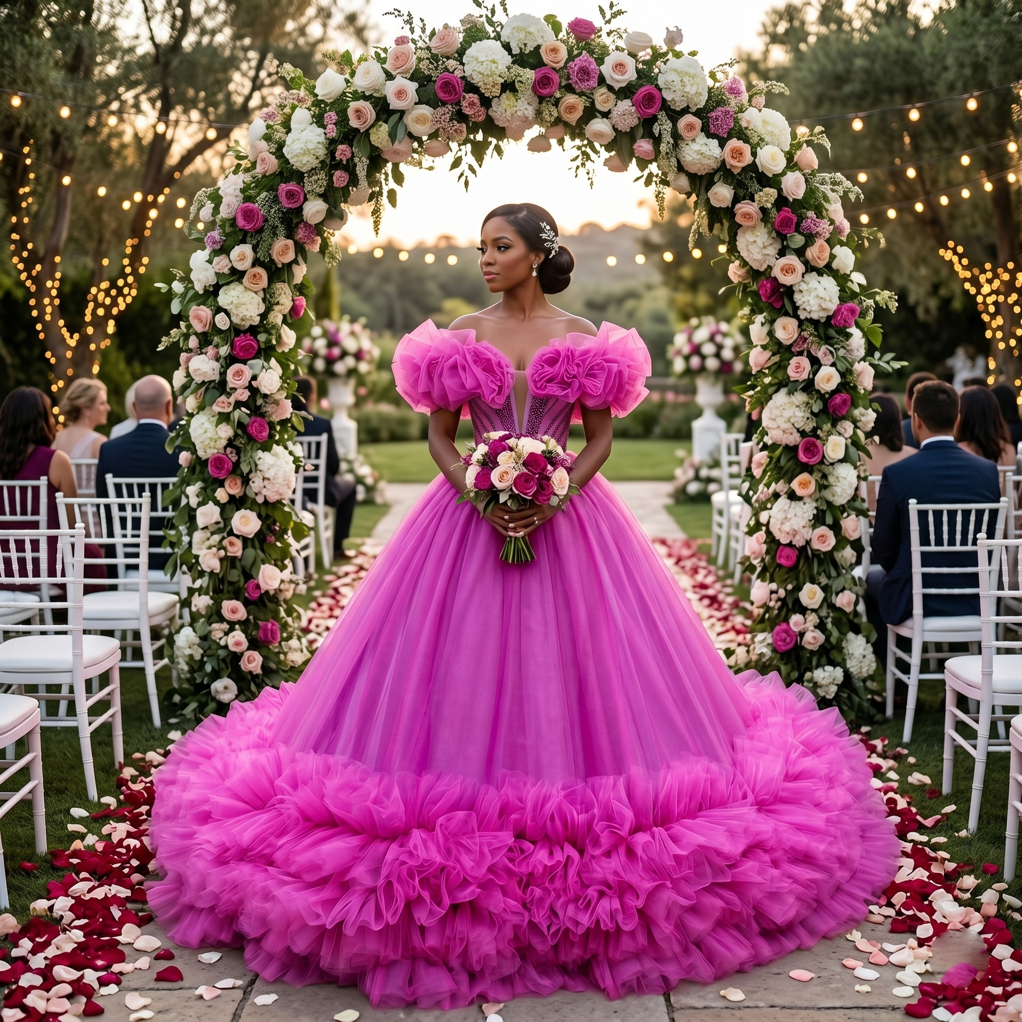 Elegant bride wearing a vibrant fuchsia pink off-the-shoulder tulle ball gown wedding dress under a floral arch at an outdoor wedding ceremony.