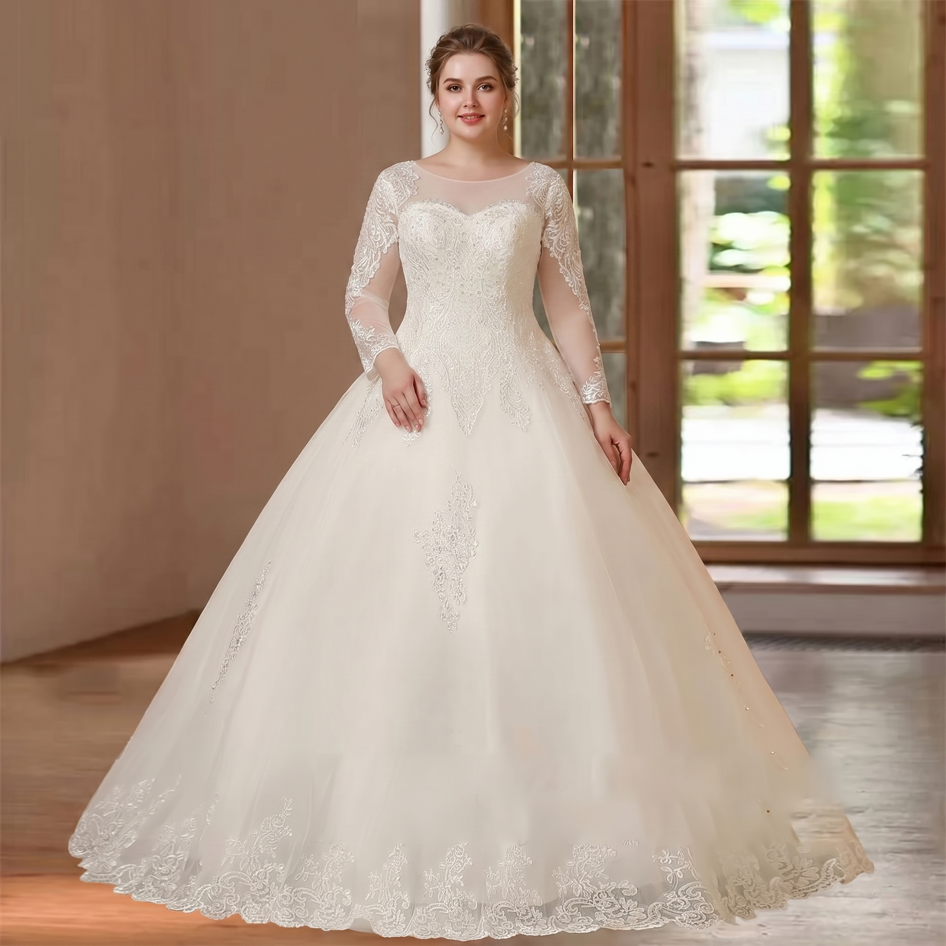A model wearing an elegant floor-length wedding gown with half sleeves and intricate lace embroidery in a bridal boutique.