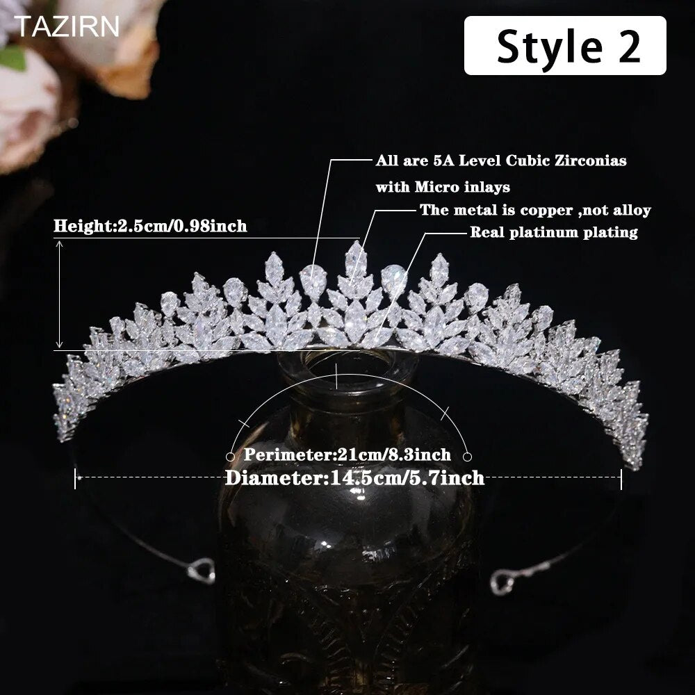 Dimension diagram for Style 2 platinum-plated cubic zirconia wedding tiara, showing a height of 2.5cm, perimeter of 21cm, and diameter of 14.5cm.