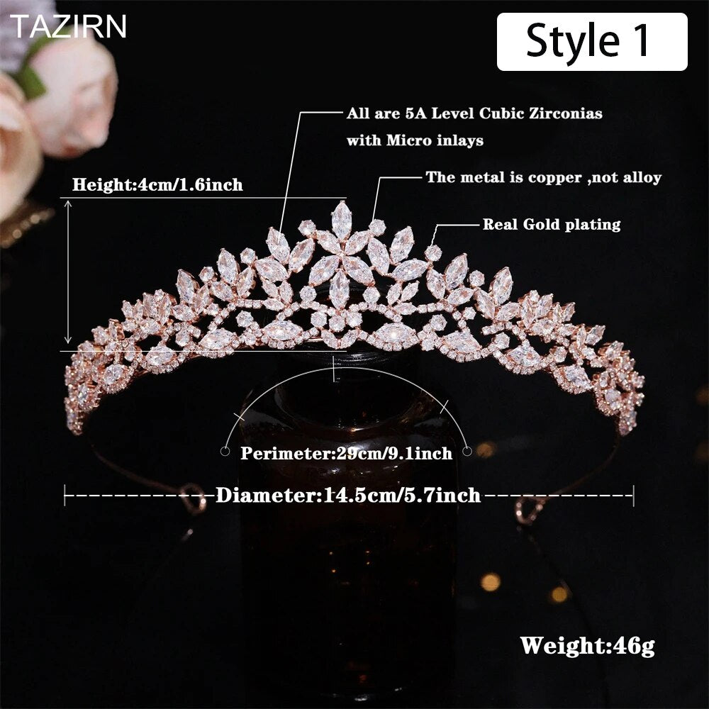 Product measurement guide for Style 4 real gold-plated CZ bridal crown crown, listing a weight of 46g, height of 4cm, and diameter of 14.5cm.