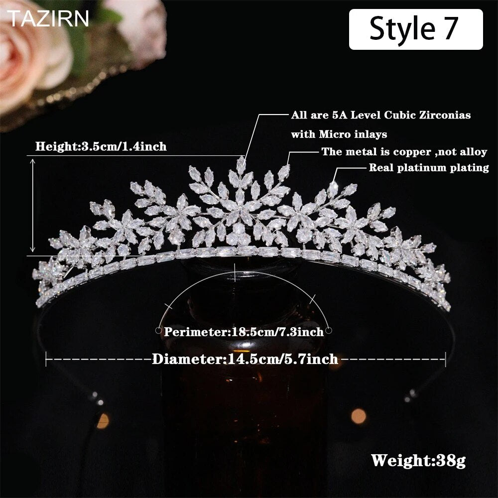Technical measurement specifications for a 38g snowflake-inspired CZ wedding crown tiara, displaying a height of 3.5cm and diameter of 14.5cm.