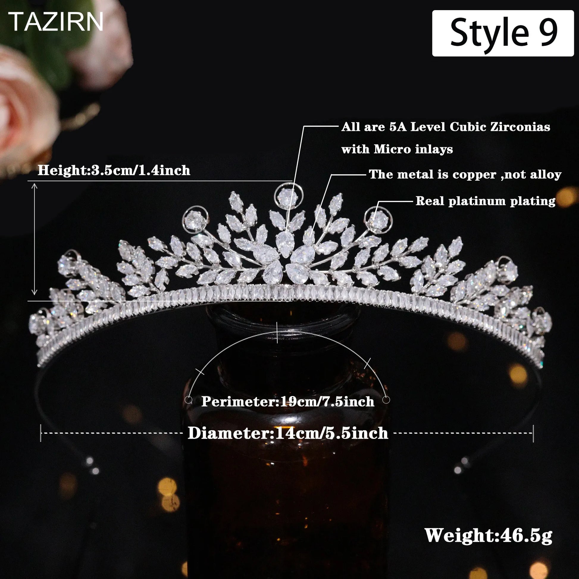 Sizing layout for a 46.5g fine leaf vine cubic zirconia bridal party tiara headband, detailing a 3.5cm crest height and 19cm perimeter.