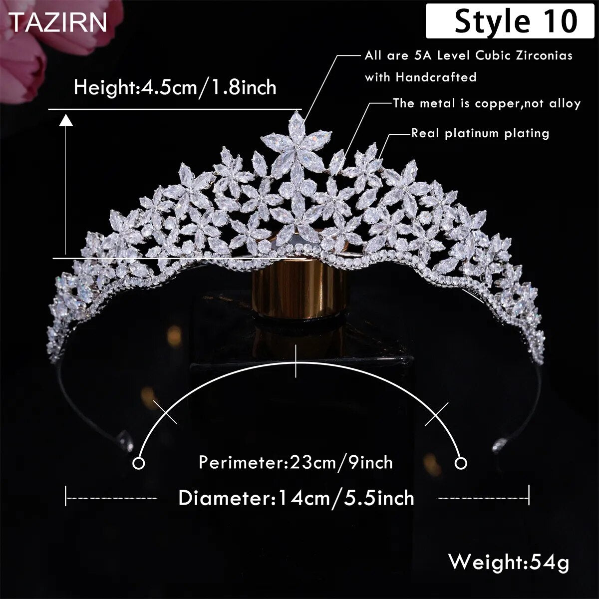 Product dimension graphic for a handcrafted 5A grade cubic zirconia wedding tiara, demonstrating its 4.5cm center height, 23cm total perimeter length, and 54g weight.