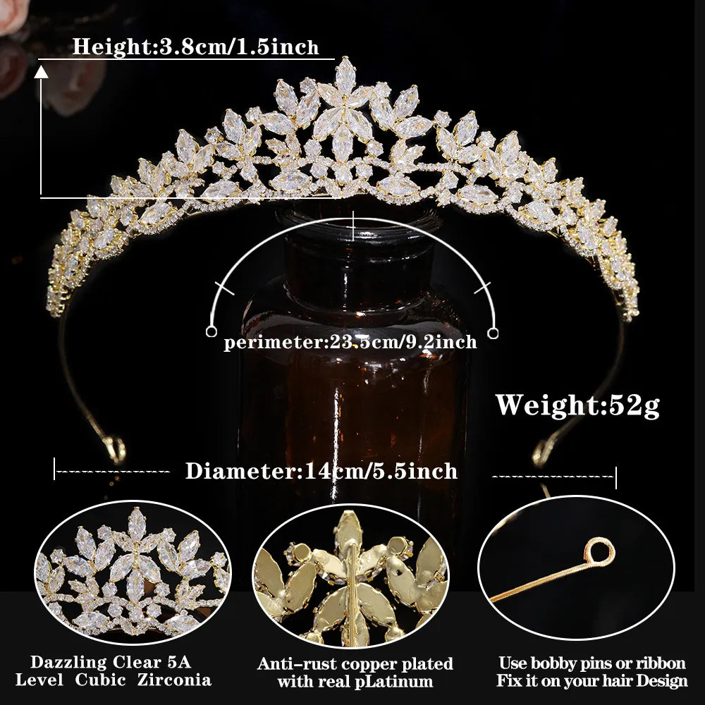 Comprehensive dimension diagram for a 52g gold-plated cubic zirconia wedding tiara crown with a peak height of 3.8cm, a 23.5cm perimeter, and a bobby pin loop schematic.