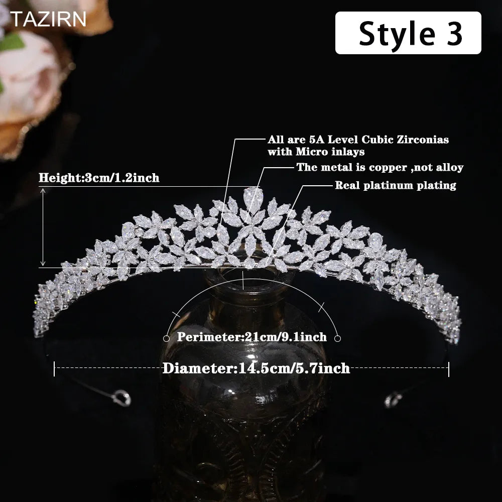 Dimensional specification breakdown for a silver floral cubic zirconia party tiara headband, listing a 3cm crest height, 14.5cm diameter, and 21cm inner perimeter.