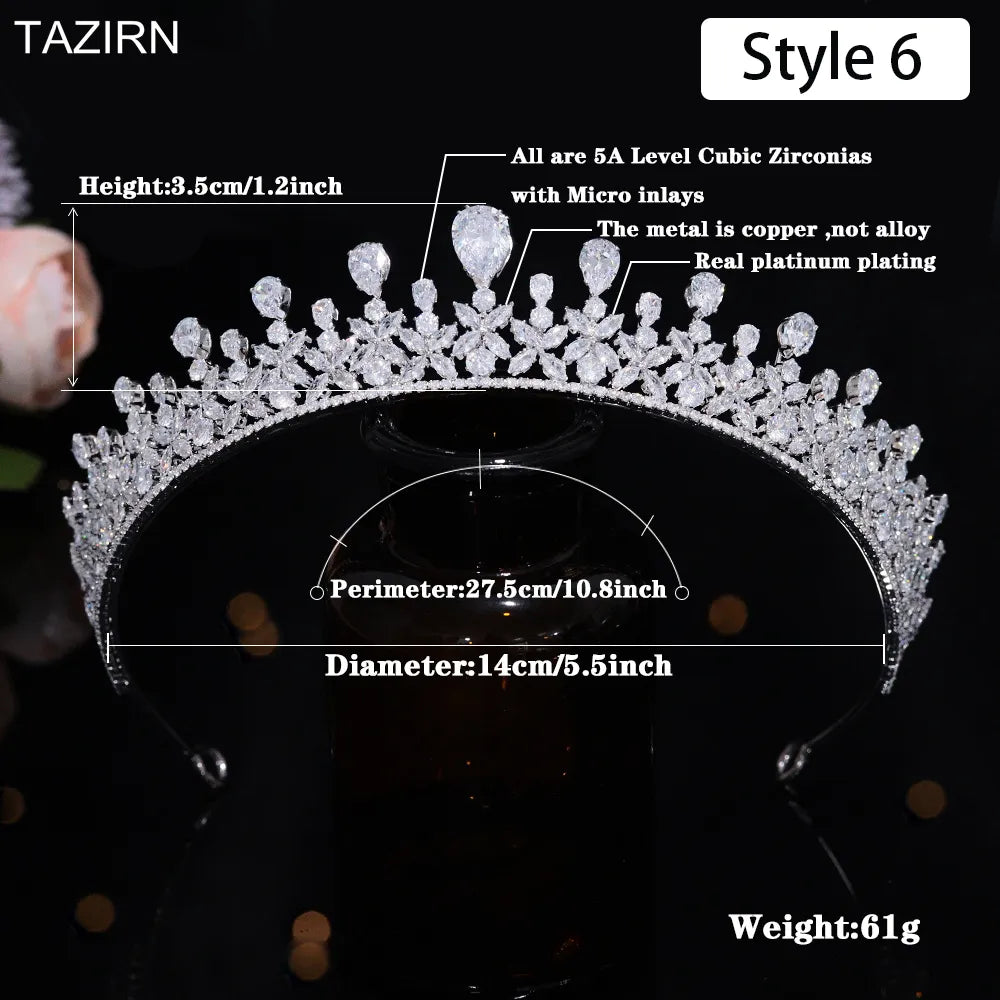 Close-up specification diagram for a 61g micro-inlaid 5A level cubic zirconia tiara band, showcasing a 3.5cm center height, 27.5cm perimeter, and 14cm diameter.