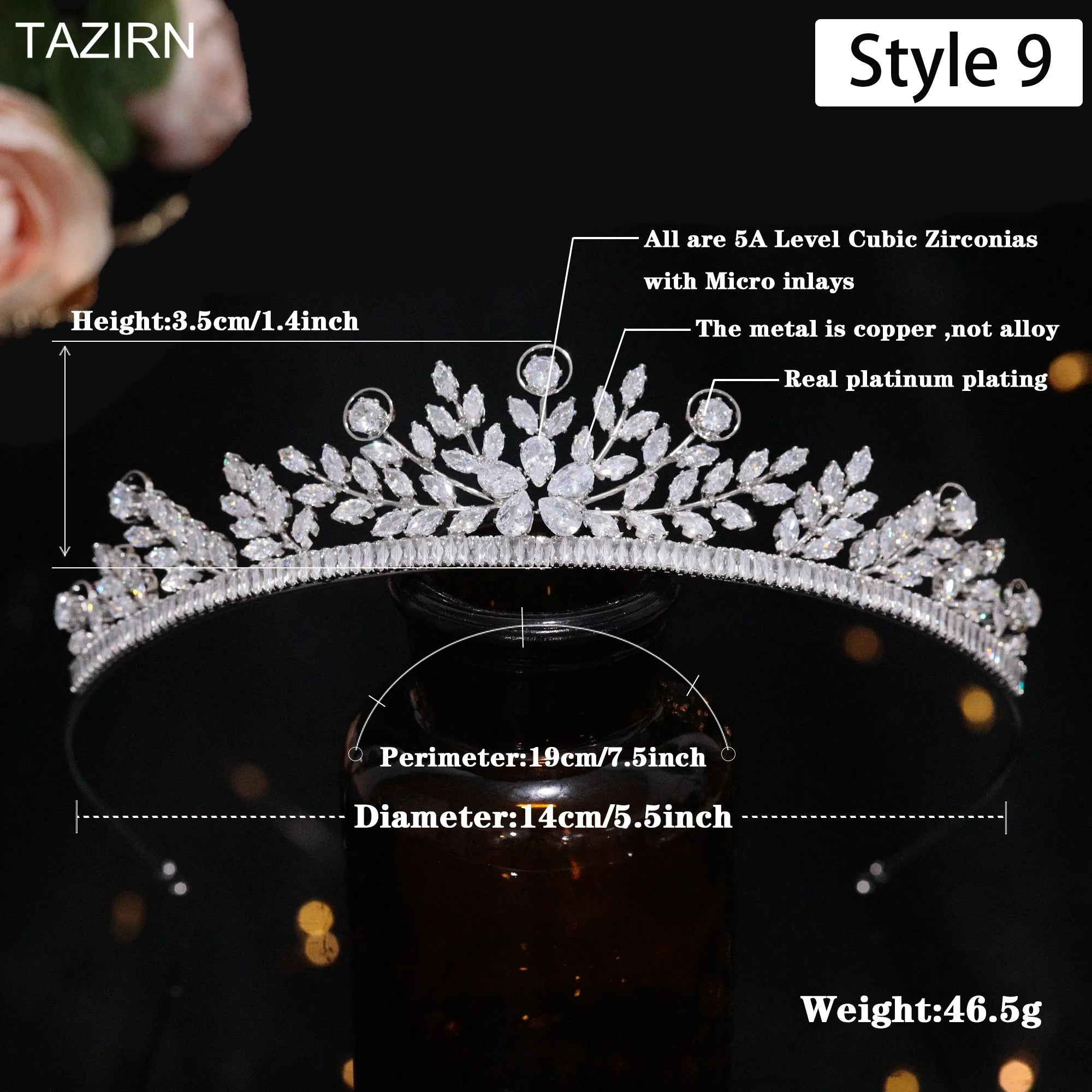 Sizing layout for a 46.5g fine leaf vine cubic zirconia bridal party tiara headband, displaying a 3.5cm crest height, 14cm diameter, and 19cm perimeter.
