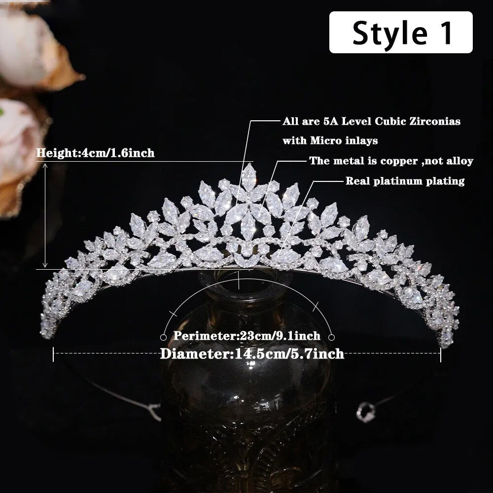 Sizing chart for Style 1 of the cubic zirconia bridal crown tiara balanced on a dark glass vase, highlighting its 4cm peak height and 14.5cm diameter.
