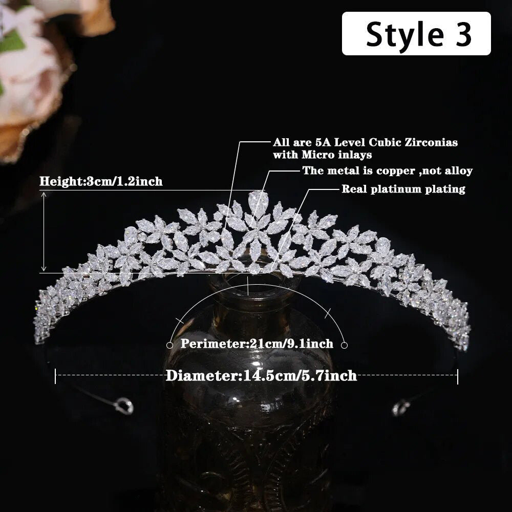 Product specifications chart for a floral CZ bridal crown tiara balanced on a dark glass vase, highlighting a 3cm height, 21cm perimeter, and 14.5cm diameter.