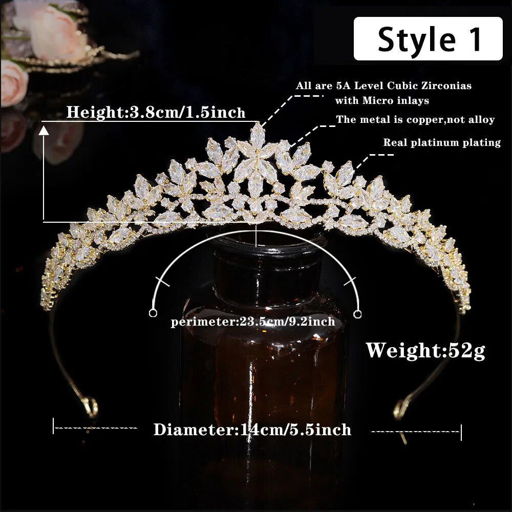 Product dimension graphic for a 52g gold variant floral CZ bridal crown, demonstrating its 3.8cm peak height, 23.5cm perimeter, and intricate leaf cluster branches.