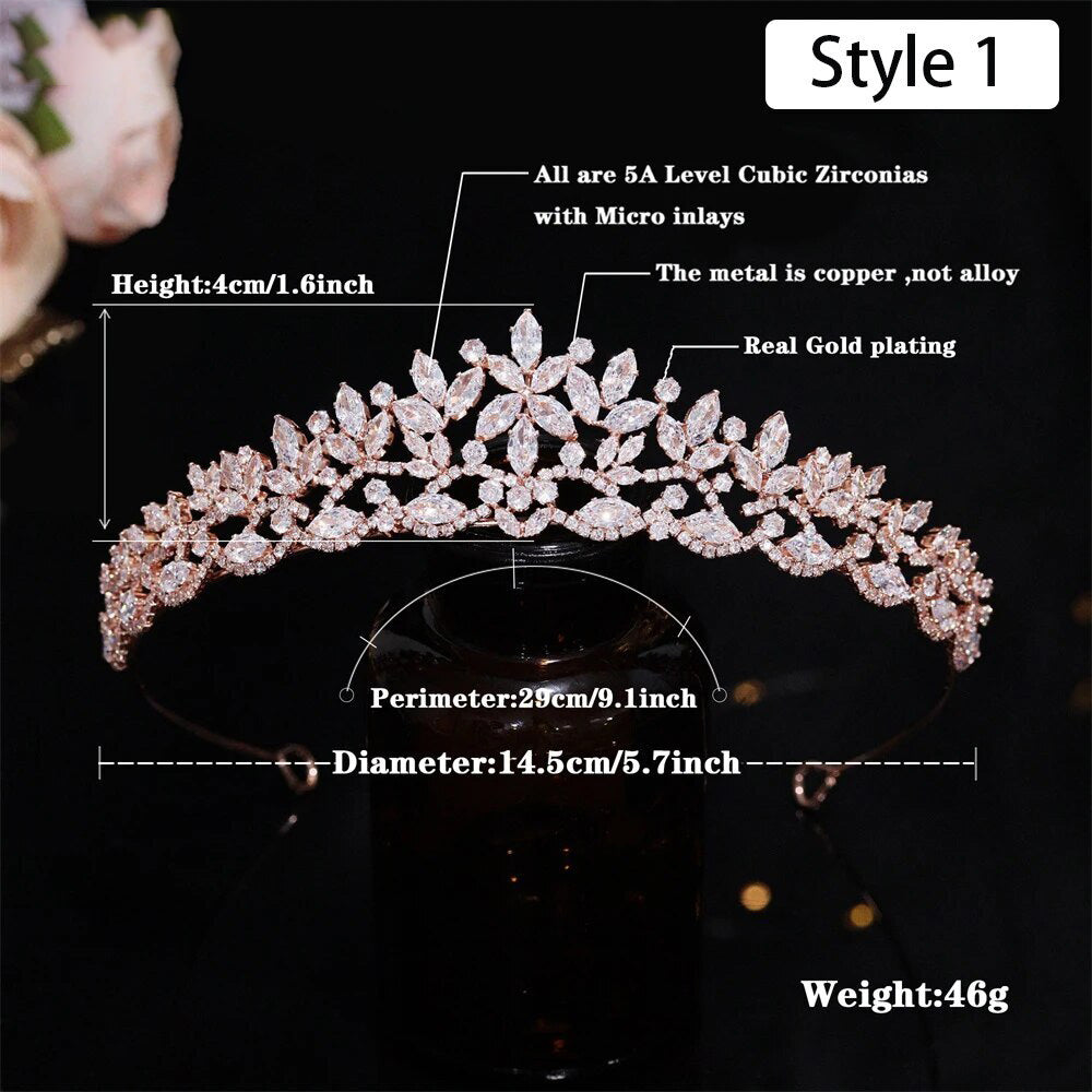 Sizing chart for a 46g real gold-plated rose gold wedding tiara crown adorned with starburst cubic zirconia patterns, detailing a 4cm height and 29cm perimeter.
