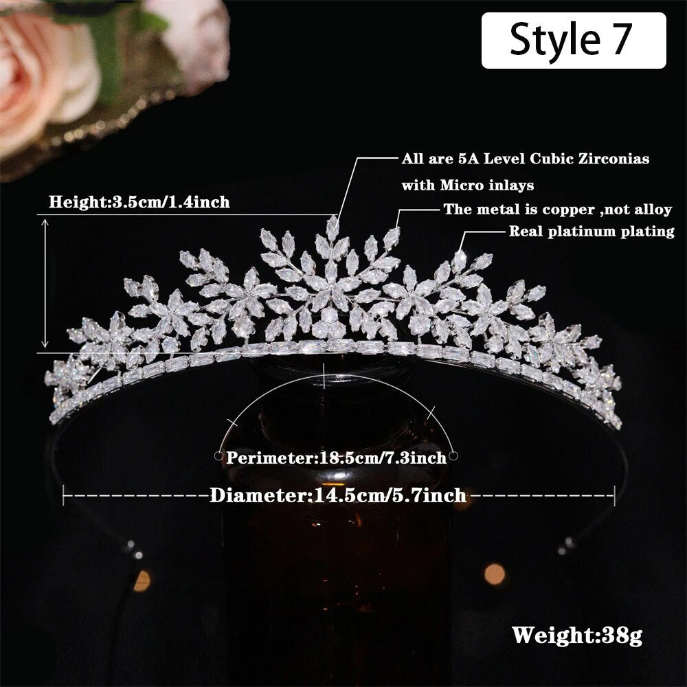 Technical dimension breakdown for a 38g snowflake-inspired CZ wedding crown tiara balanced on a display base, showing a height of 3.5cm and a 14.5cm diameter.