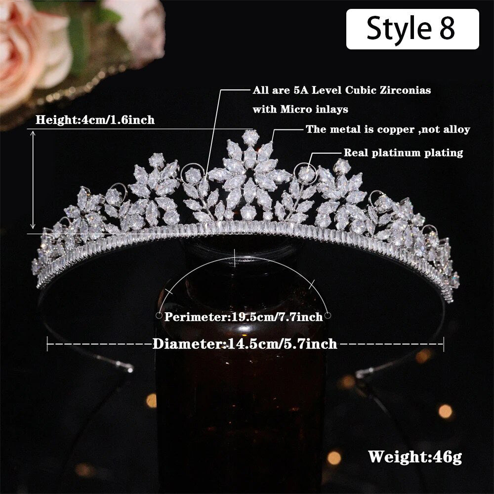 Dimensional specification chart for a silver floral CZ bridal crown weighing 46g, detailing a peak height of 4cm, base diameter of 14.5cm, and a 19.5cm perimeter.