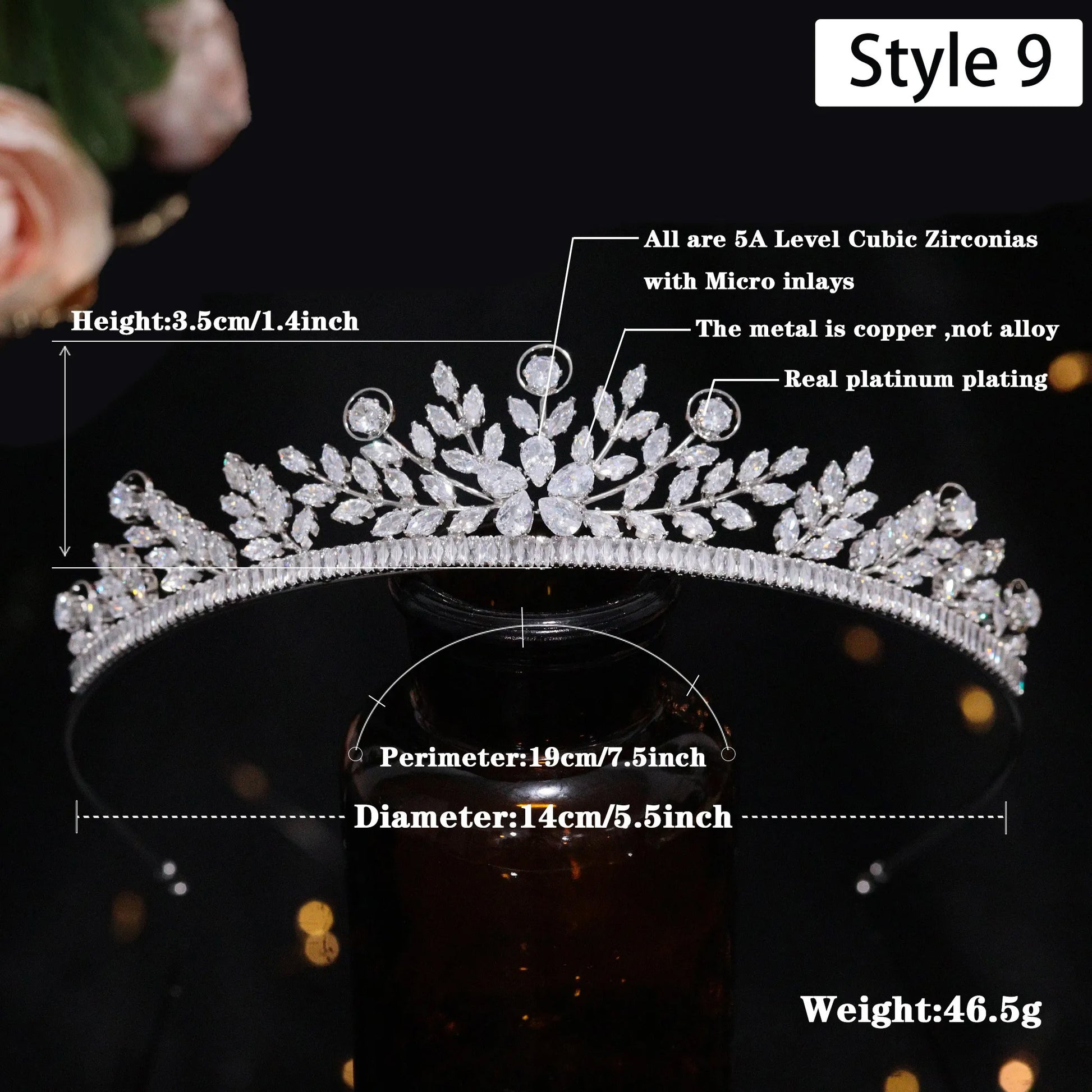 Sizing layout for a 46.5g fine leaf vine cubic zirconia bridal party tiara headband, detailing a 3.5cm crest height, 14cm diameter, and 19cm perimeter.