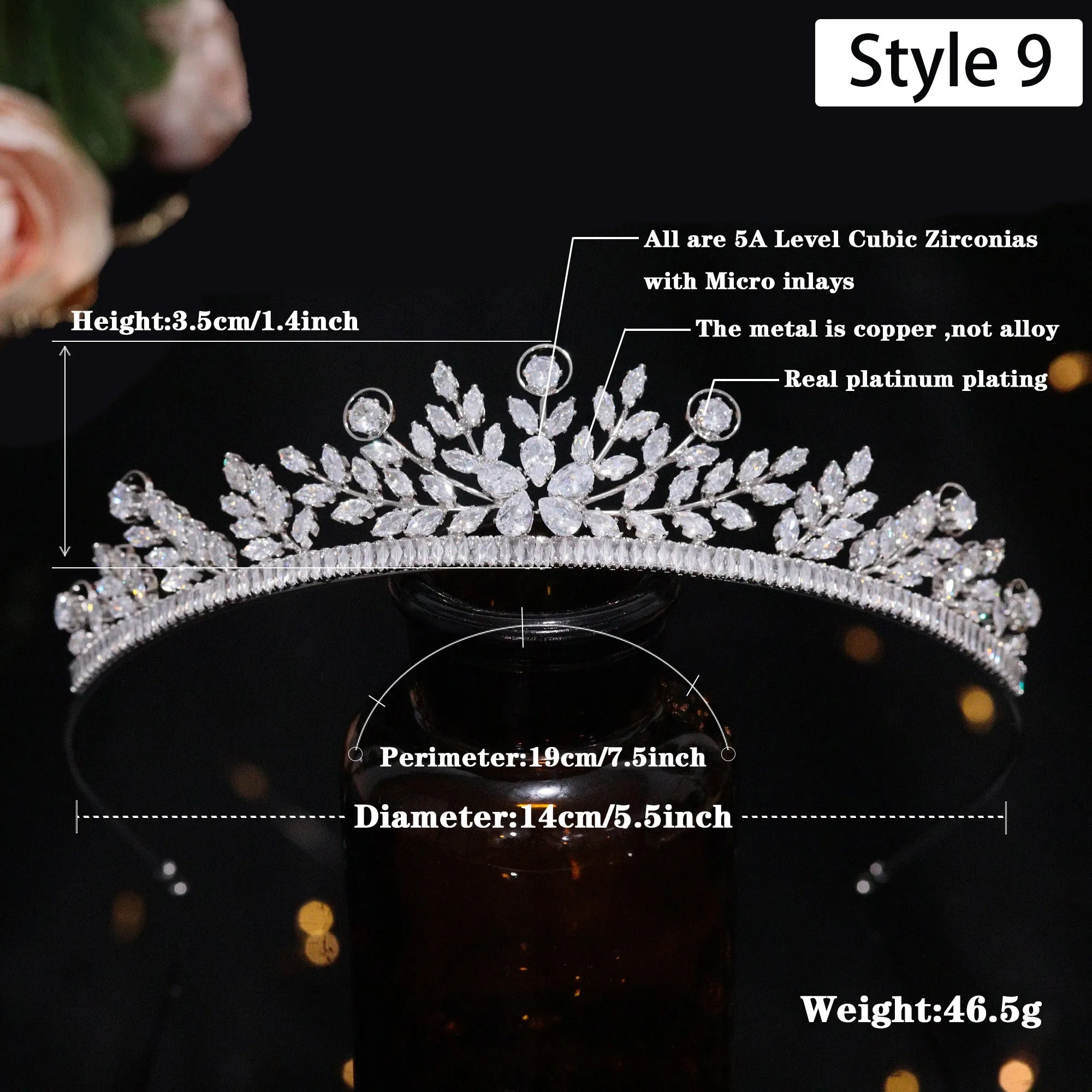 Sizing layout for a 46.5g fine leaf vine cubic zirconia bridal party tiara headband, detailing a 3.5cm crest height, 14cm diameter, and 19cm perimeter.