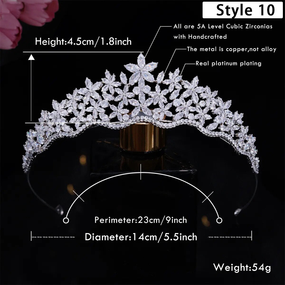 Product dimension graphic for a handcrafted 54g 5A grade cubic zirconia wedding tiara, showcasing its high-set 4.5cm center height and 23cm total perimeter length.
