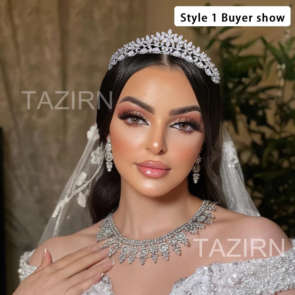 Real buyer review showcase portrait of a bride with dark hair wearing the silver floral cz wedding crown tiara and a matching bridal necklace set.