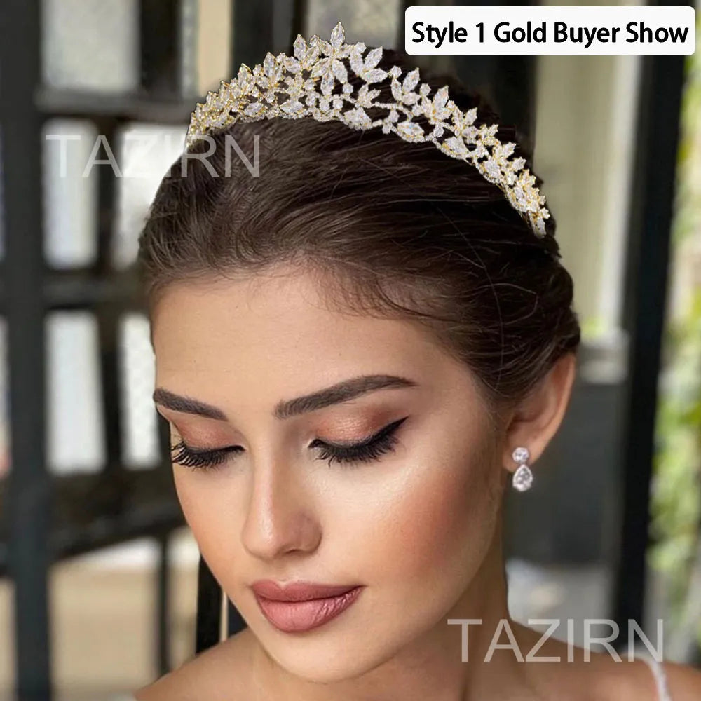Close-up portrait of a model with her eyes closed, displaying a gold-plated option of the floral cubic zirconia wedding tiara headband.