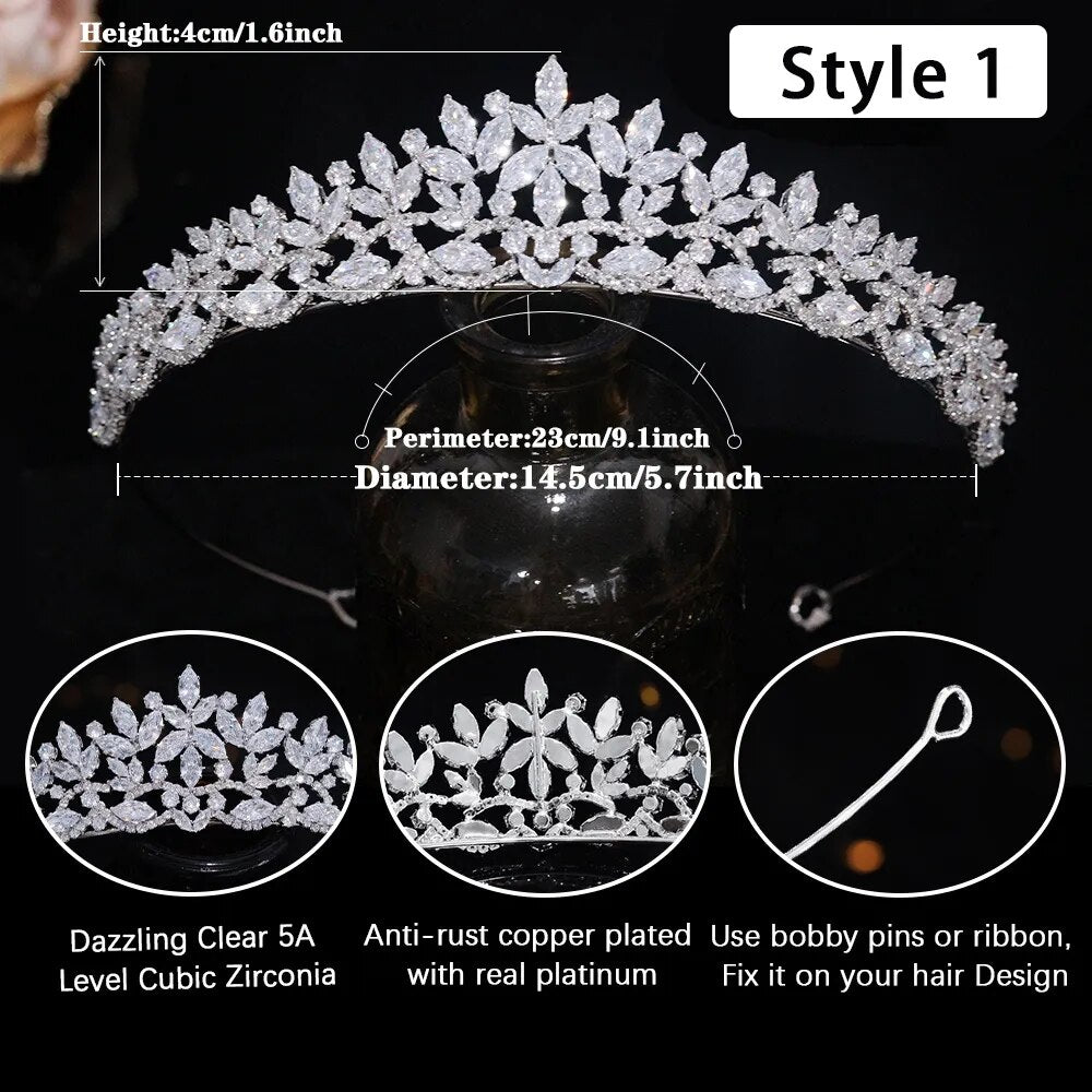 Infographic diagram of Style 1 bridal crown tiara highlighting its 5A cubic zirconia stones, platinum-plated copper base, and a bobby pin fixation guide.