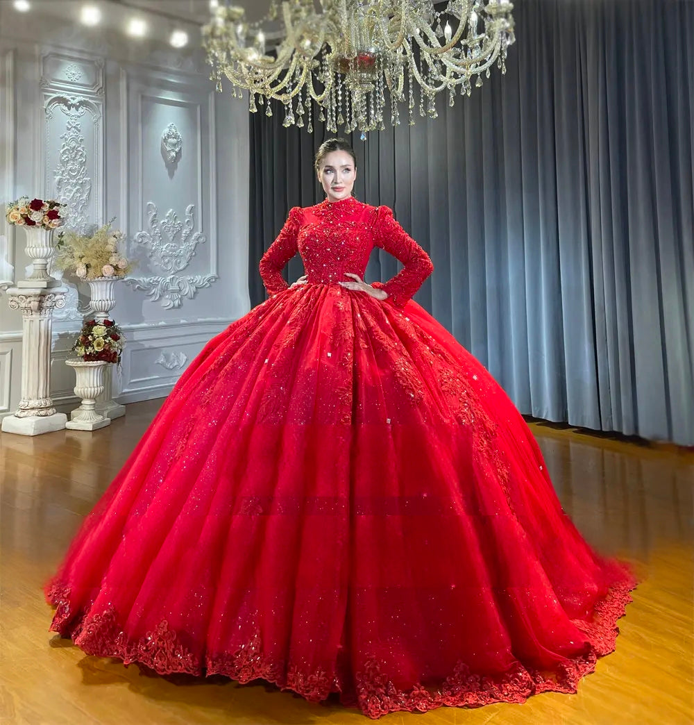 Front perspective of an elegant modest bridal gown in a rich wine red hue, highlighting the sparkling, fully hand-beaded bodice and grand ball gown silhouette.