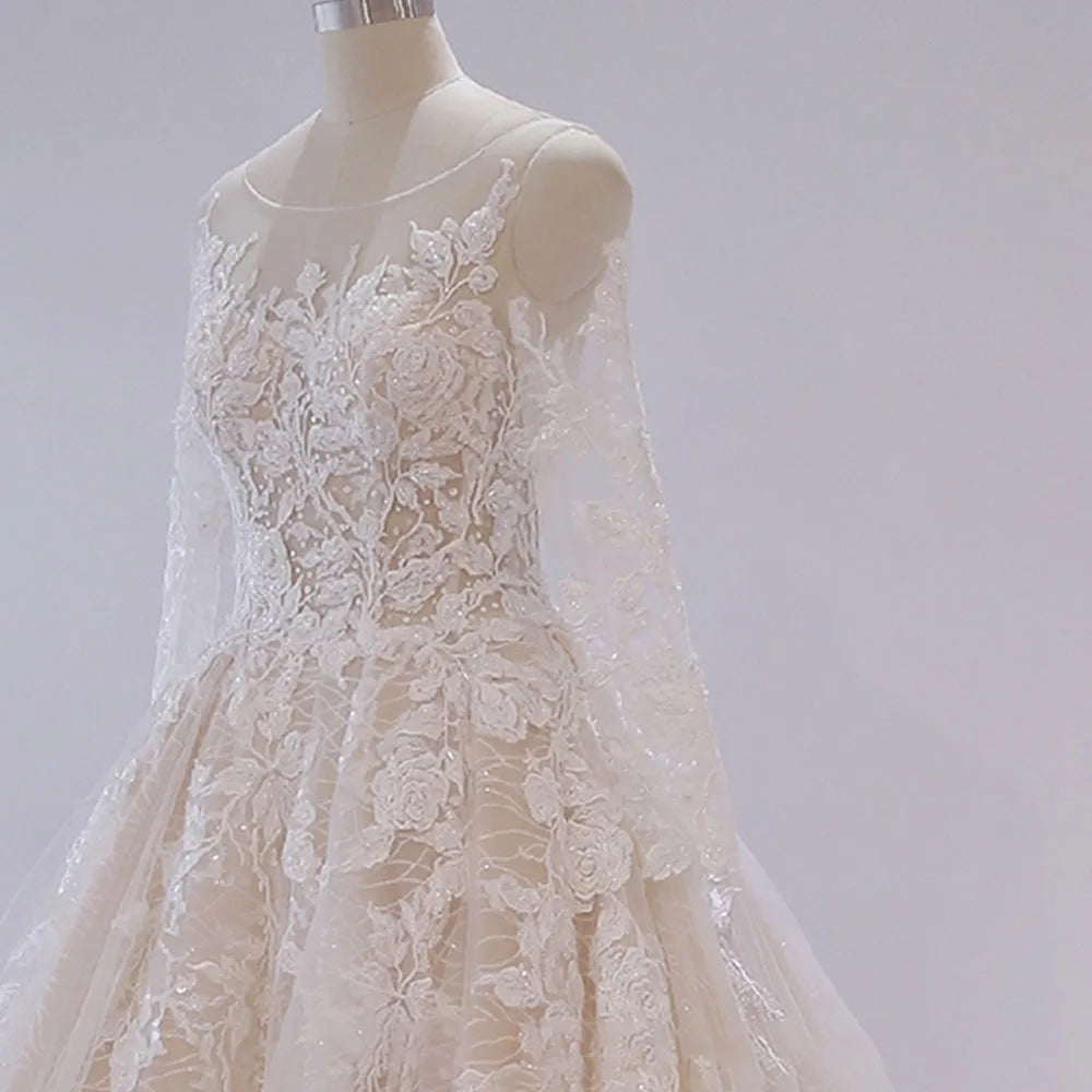Close-up view of the intricate beaded appliques and lace embroidery on the bodice of a full-sleeve A-line bridal gown.