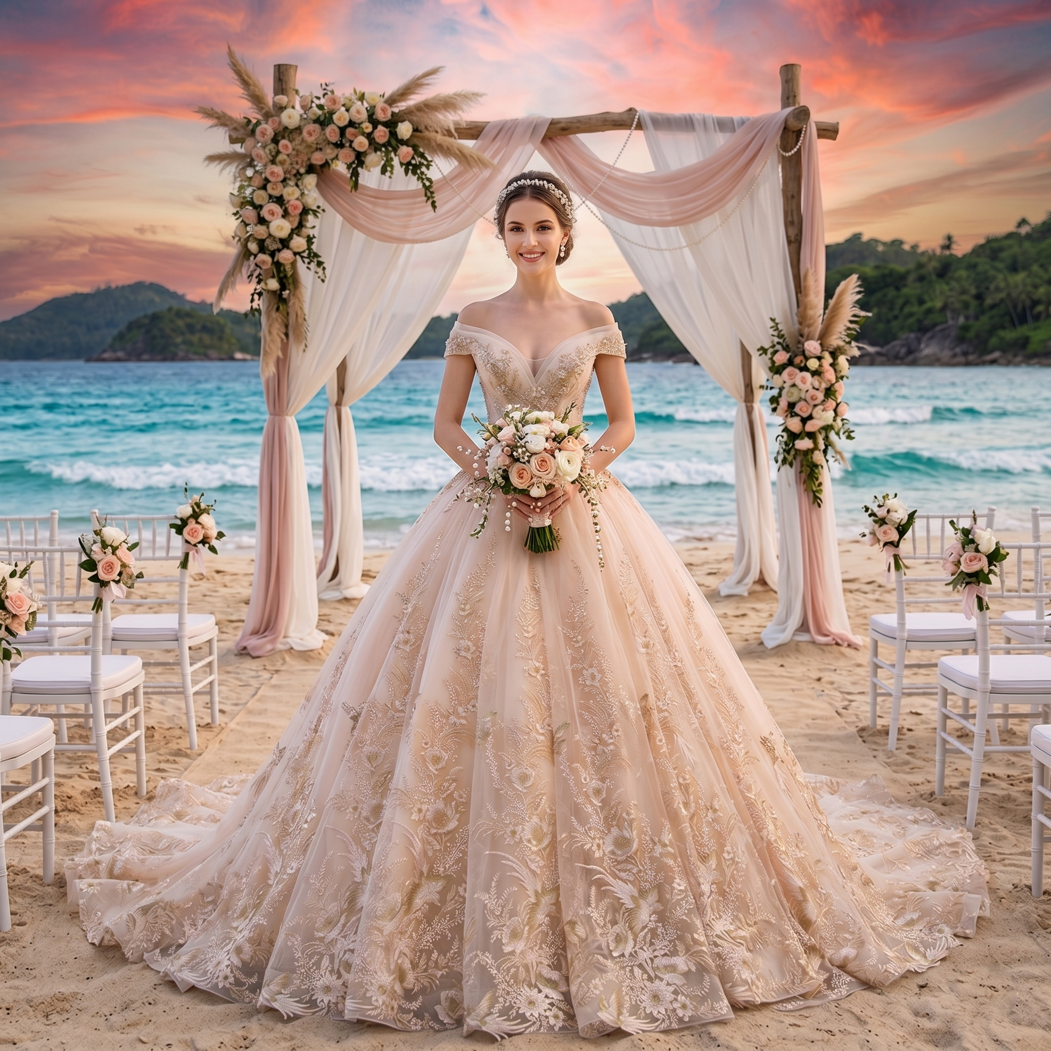 A bride holding a bouquet, wearing a luxury champagne-colored ball gown with sparkly beading and pearls at an outdoor beach ceremony under a floral archway.