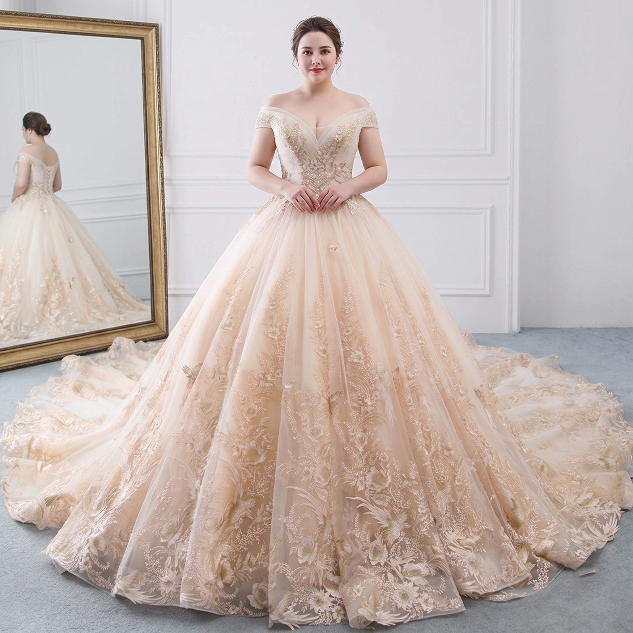 Full-length front view of a bride wearing an ivory luxury wedding dress adorned with intricate sparkly beading and pearls, featuring an off-the-shoulder neckline.
