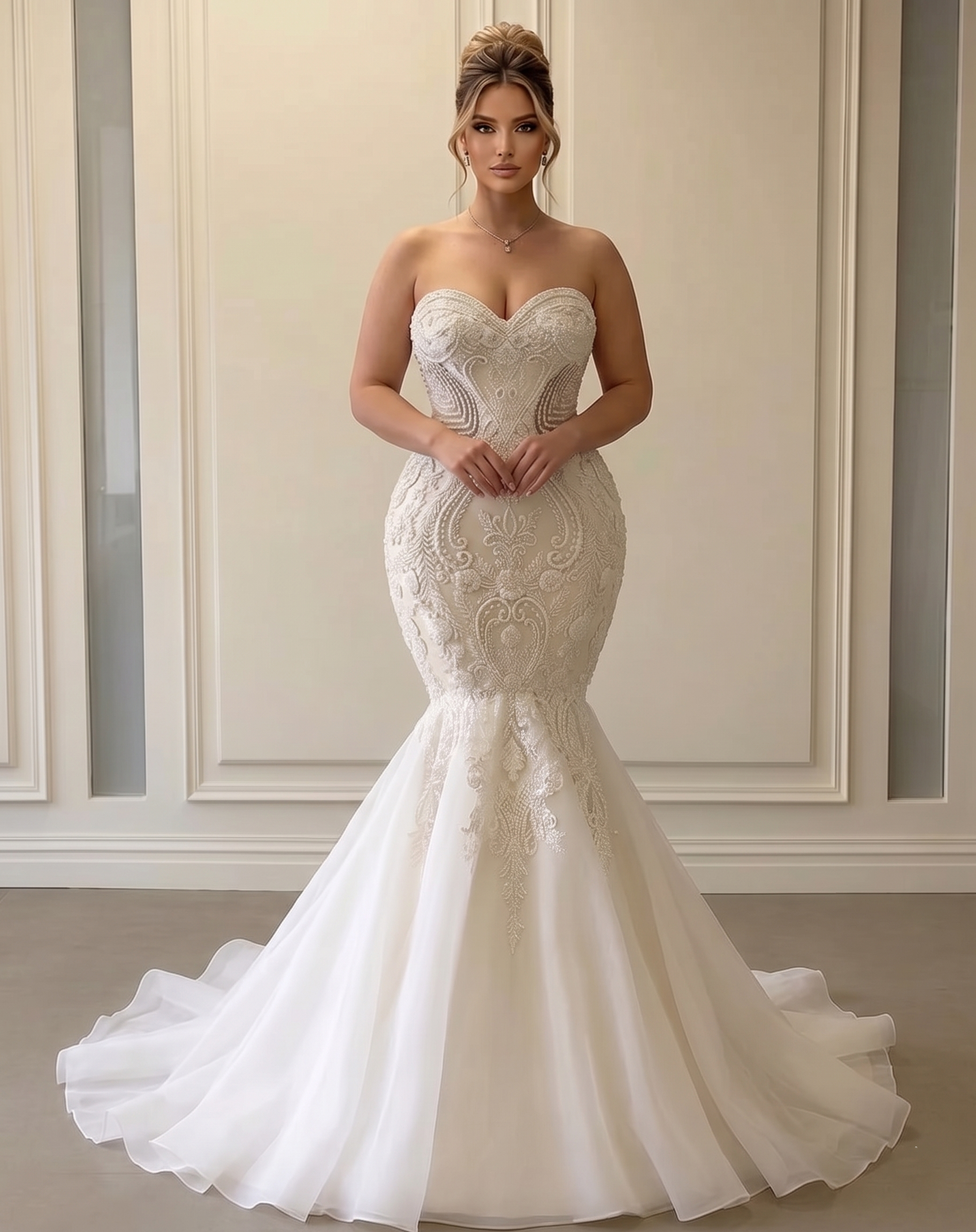 A plus-size model wearing a sexy strapless mermaid bridal gown featuring elegant symmetrical beadwork and a sweetheart neckline.