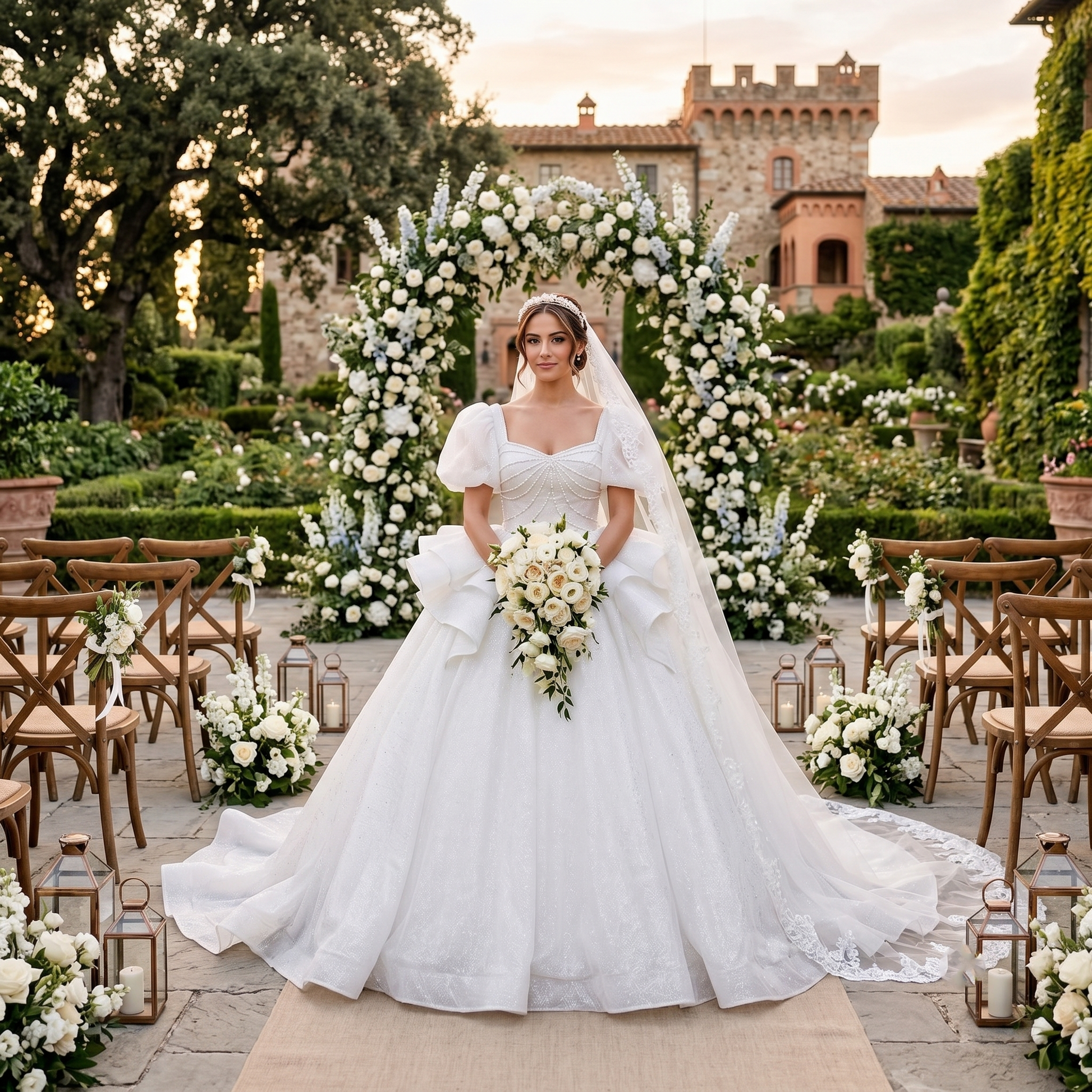Bride posing outdoors in a luxury glitter short-sleeve ball gown wedding dress with a sweetheart neckline and elegant tassel back detail.
