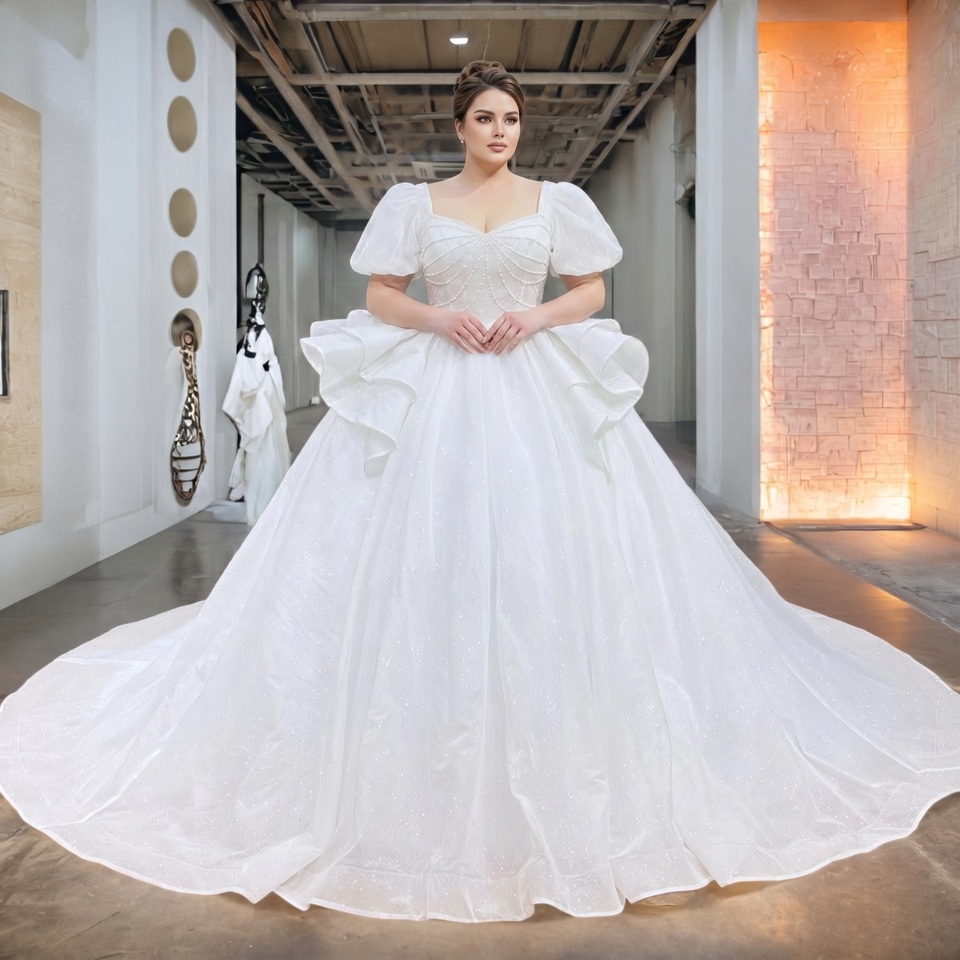 Model posing in an elegant glitter sweetheart neck ball gown wedding dress with short sleeves and a voluminous skirt.