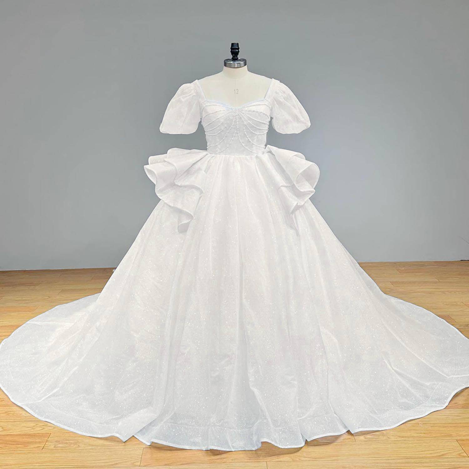 Full-length front view of a luxury glitter short-sleeve bridal ball gown showcasing a dramatic tassel back detail and long train.
