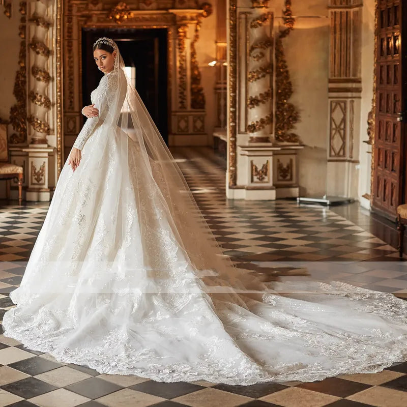 An elegant bride wearing a gorgeous long-sleeve A-line wedding dress with a high neck and intricate lace appliques, captured from behind.
